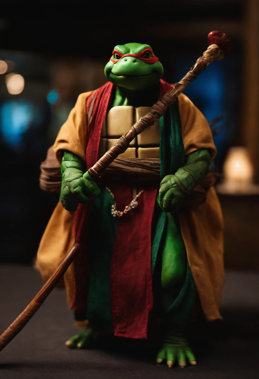 teenage mutant ninja turtle wearing japanese robe with staff in hand