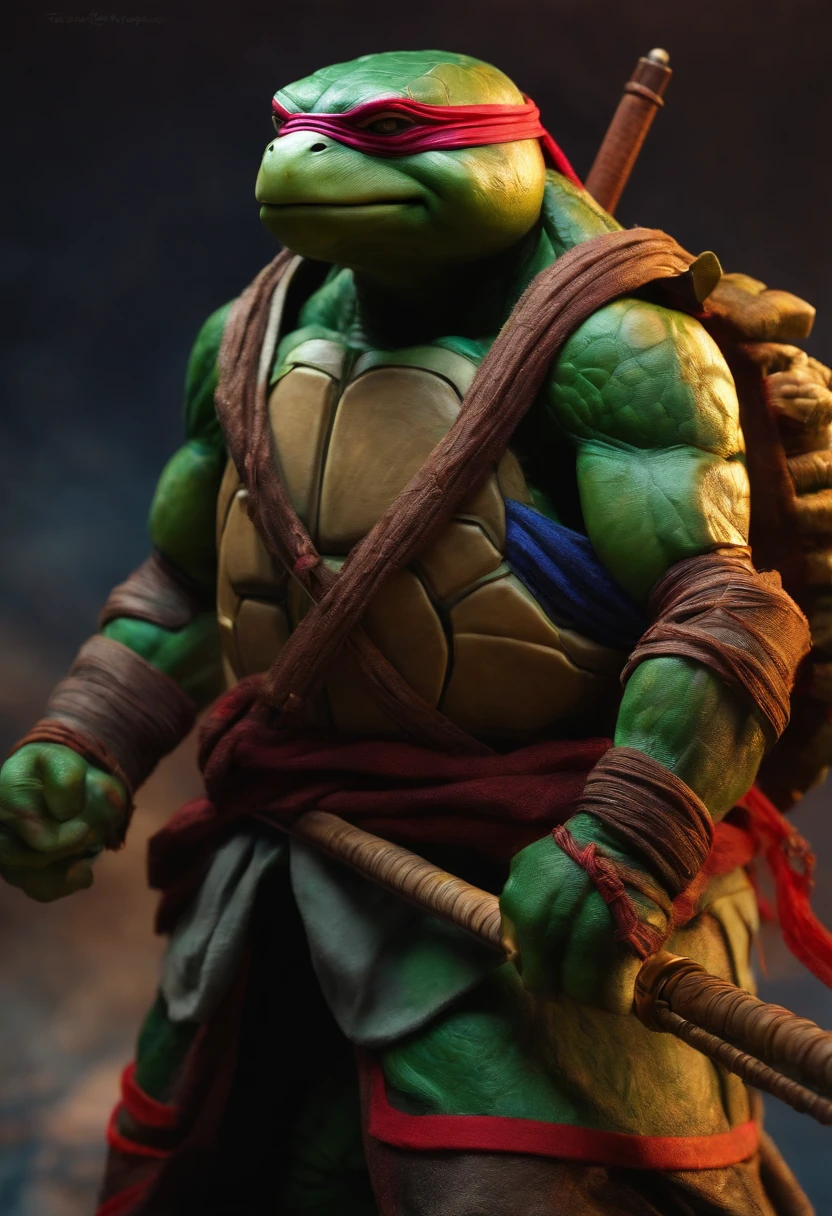 age mutant ninja turtle wearing japanese robe with staff in hand