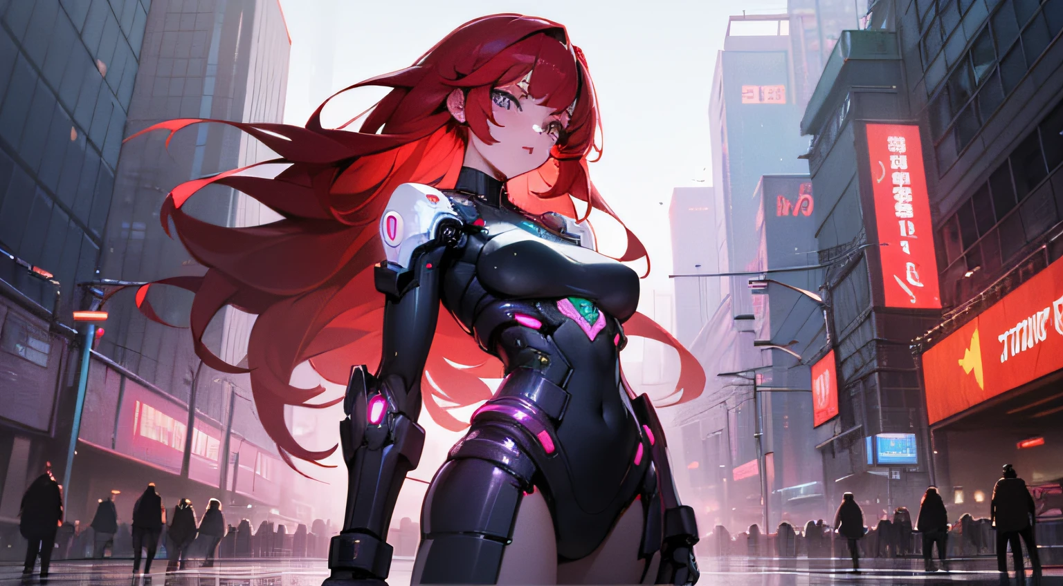(RAW Photos, Best Quality), (animesque: 1.2), cyberpunked, (((1 Female Android))), (Sharp facial features), (smaller face), (High Detail Skin: 1.2), 鎖骨, Pretty face, Beautiful eyes, long eyelashes, ((Red-haired, Long, asymmetrical bangs:1.2, multicolored eyes+Heterochromia)), mechanical fingertips, cute smile face, (((cyberpunk clothes, LED light emitting ))), Futuristic, On the roof of a high-rise building, ((Looks Back, buttocks are turned)), Night, ultra-detailliert, Professional Lighting, Photon mapping, Physically Based Rendering,