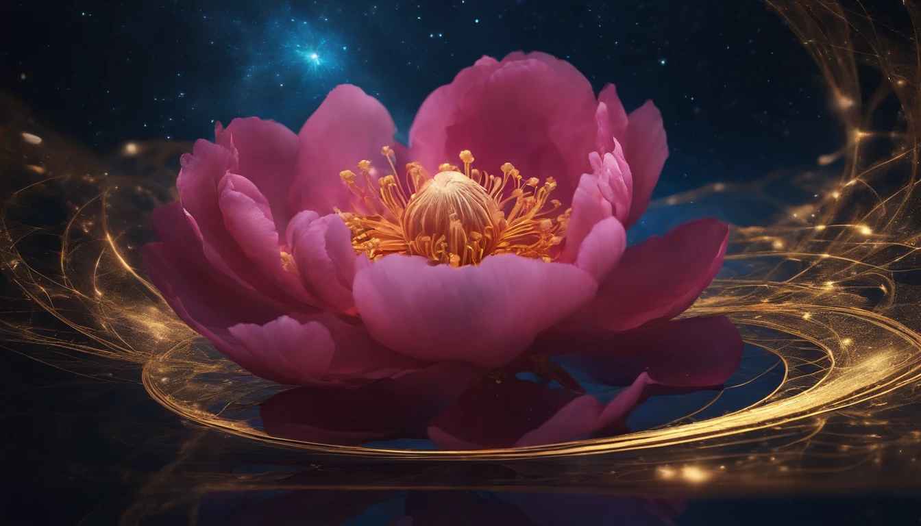 Nebula in the shape of a peony flower,Blue Milky Way,Hazy fog,beautiful cosmic neural network,golden glistening,Very Beautiful Digital Art, 4k highly detailed digital art, softly swirling magical energy,swirls of magic,DreamlikeArt, intricate ornate anime cgi style