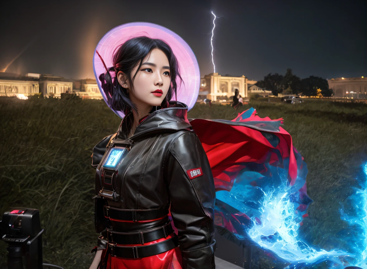 8K quality,1 girl,Lightning background,Flour flies(realisticlying:1.4),Black color hair,, RAW photogr, Sharp Re, Nikon D850 Film Stock Photo by Jefferies Lee 4 Kodak Portra 400 Camera F1.6 shots, Rich colors, ultra-realistic vivid textures, Dramatic lighting, Unreal Engine Art Station Trend, cinestir 800,floated hair,(((National style building)))Full-body side