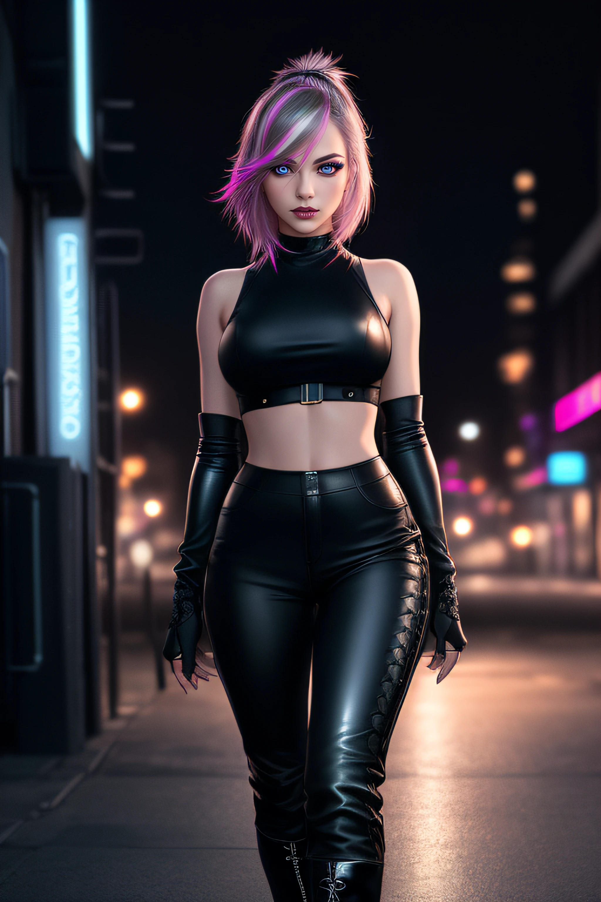 beautiful girl, ((standing:1.4)), (confident gaze:1.1), full body, short bright neon streaked hair, ((large light realistic highly detailed eyes:1.4)), ((seductive pose:1.2)), black eyeshadow, (street style wear:1.2), ((tight fitted pants)), ((knee high leather boots)), (dark city night black background:1.4), dark makeup, digital art, trending on artstation, highly detailed, fine detail, intricate, beautiful detailed glow, detailed, Cinematic light, high-res, detailed facial features, sharp focus, smooth, aesthetic,