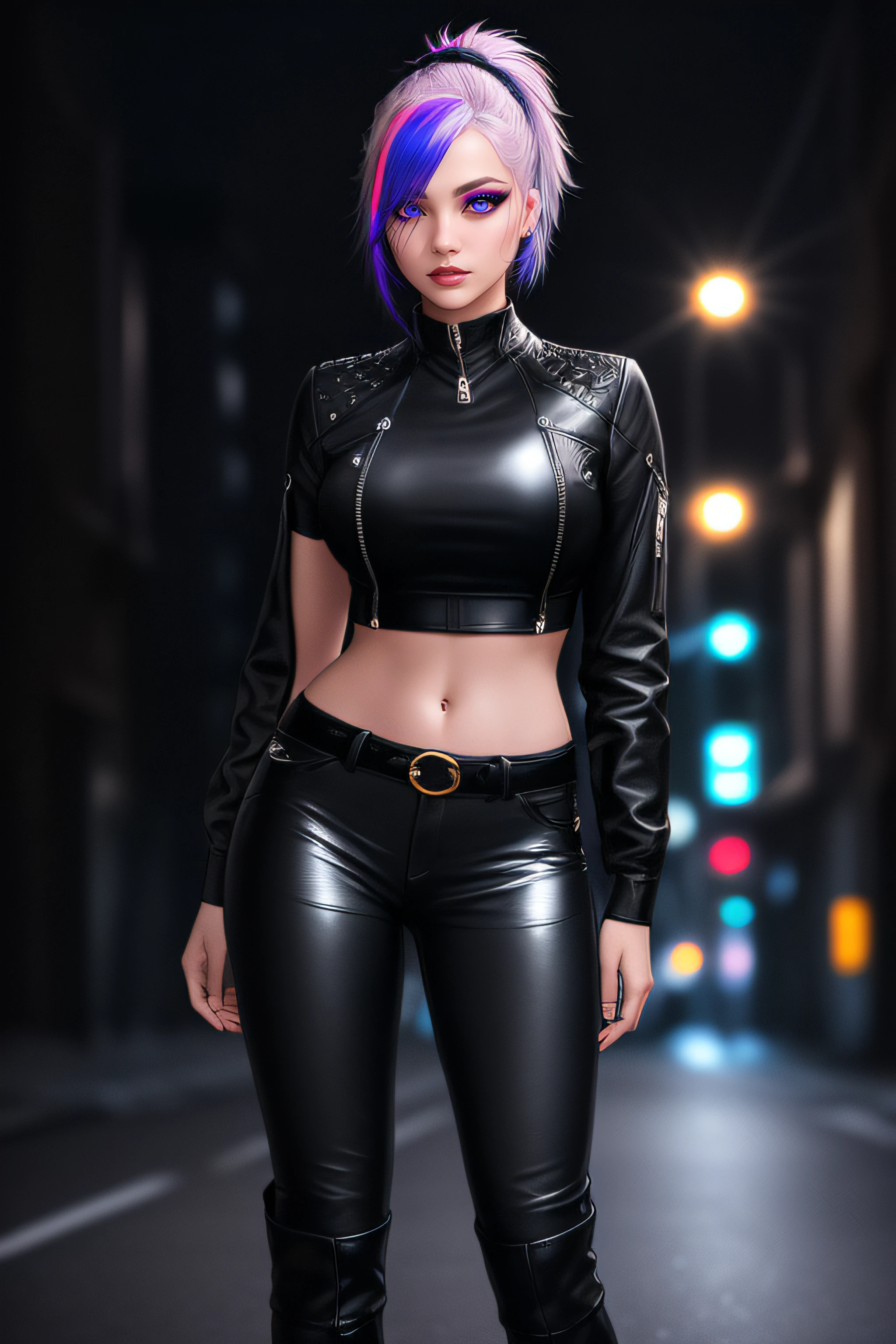 beautiful girl, ((standing:1.4)), (confident gaze:1.1), full body, short bright neon streaked hair, ((large light realistic highly detailed eyes:1.4)), ((seductive pose:1.2)), black eyeshadow, (street style wear:1.2), ((tight fitted pants)), ((knee high leather boots)), (dark city night black background:1.4), dark makeup, digital art, trending on artstation, highly detailed, fine detail, intricate, beautiful detailed glow, detailed, Cinematic light, high-res, detailed facial features, sharp focus, smooth, aesthetic,