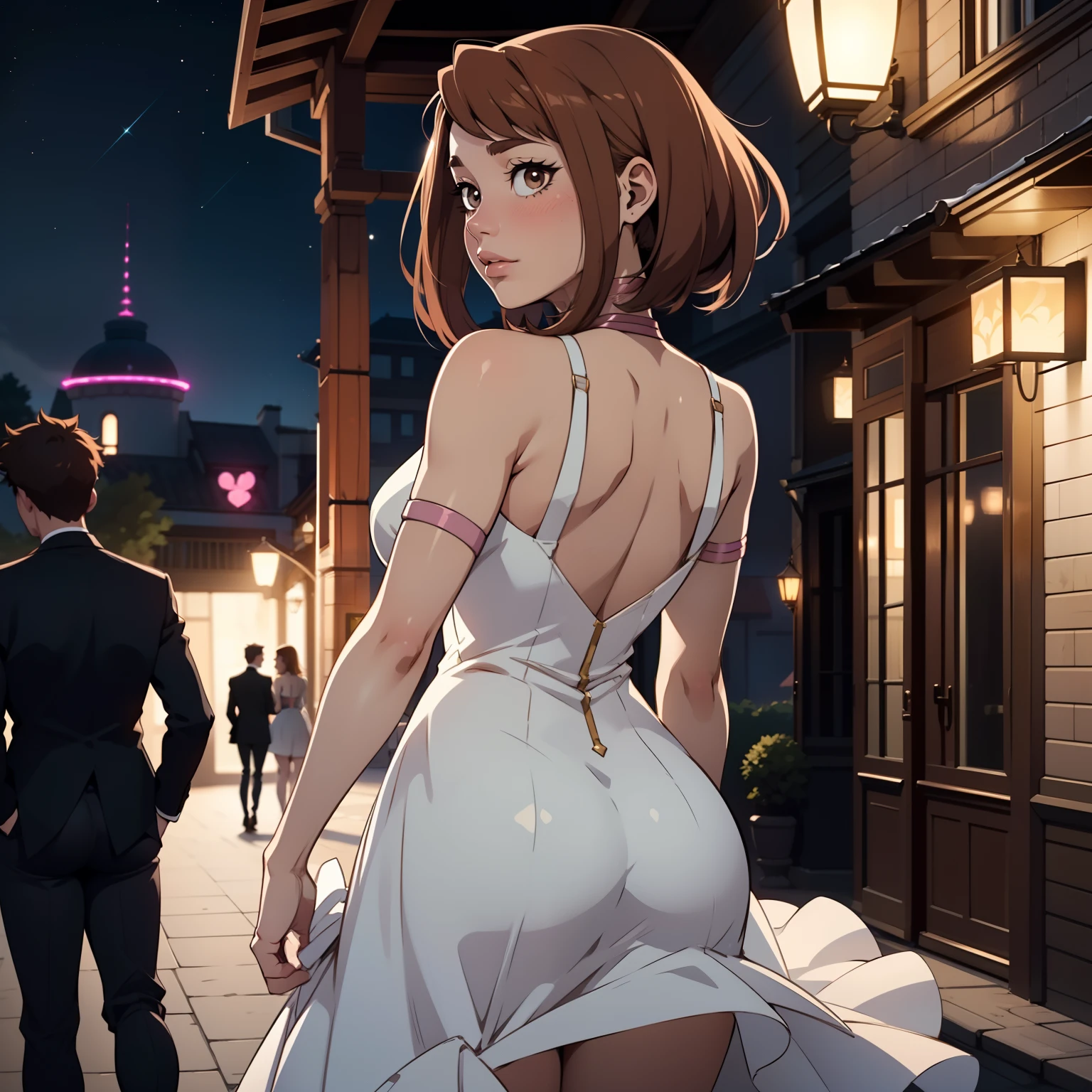 Hyper realistic super detailed sexy Ochaco Uraraka, NSFW, Very detailed, expressions faciales sexy, seductive facial expressions, [:(Face detail: 1.4): 0.4], 16K resolution, 4k resolution, dinamic lighting, High definition resolution, (sexy pose, Position attrayante), (hyper realistic: 1.4), (back light: 1.2), (sun light: 1), (pleine hauteur: 1.8),(contrasting background: 1.5), (Anatomy of the hyperrealistic arm), (Hyperrealistic anatomy of the legs), (peau propre), (lighting cinematic: 1.7), (intime), (Technologie NVIDIA RTX Ray Tracing), (Anatomy of the hyperrealistic arm: 2), (Ventre plat parfait), (image couleur), Create a masterpiece in 4K resolution, ultra-realistic, and extremely detailed, featuring an elegant Ochaco Uraraka in a dress in an evening setting. Ochaco Uraraka in the dress is the central character in the artwork, evoking a blend of grace, beauty, and self-assuredness as she moves through a stylish setting.

Ochaco Uraraka is dressed in a stunning evening gown, chosen for its timeless elegance. The dress can be long or short, depending on your preference, and it should flatter the Ochaco Uraraka's silhouette. Her hair is perfectly coiffed, and she wears accessories that add a touch of glamour.

The environment is a chic evening setting, perhaps a reception in a luxurious hotel, a masquerade ball, or an outdoor soirée under the stars. Evening lights illuminate the scene, creating a warm and sophisticated ambiance.

Ochaco Uraraka in the dress moves with grace, whether she's dancing, mingling among guests, or posing for a photograph. Her expression is both confident and alluring, captivating the attention of everyone who crosses her path.