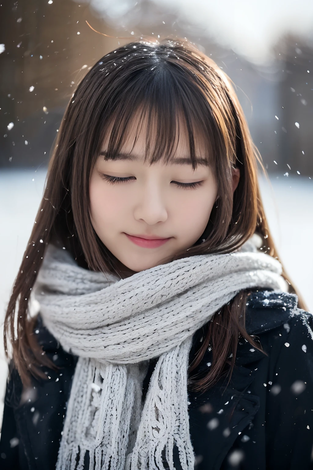 ((no-makeup、Close your eyes、closes mouth:1.2))、(realisitic、Photorealsitic、ultra-detailliert、Highest Details Skins、top-quality、masterpiece、超A high resolution)、Cute Japan Woman、17 age、hi-school girl、younggirl、1 girl in、I have bangs、二重まぶた、drooing eyes、Japanese style face、purity、double tooth、Realistic skin type、Thick muffler、Grey muffler、fluffy hair、((Hair is inside the scarf:1.3))、Red cheeks、The wind is blowing、It's snowing、illuminations、Lighting from behind