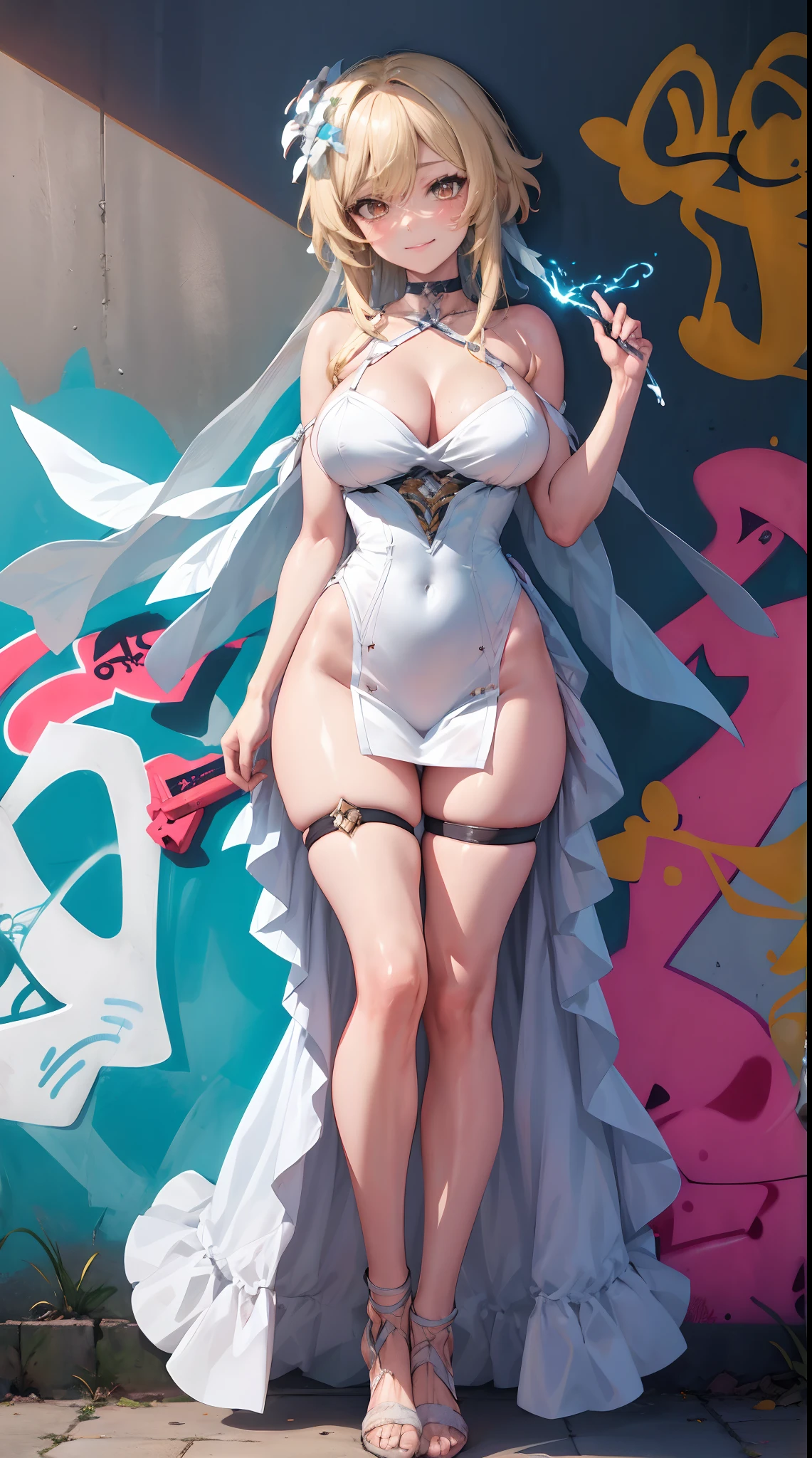 Lumine | genshin impact, master-piece, bestquality, 1girls,25 years old, proportional body, proportional., Wedding Dresses, White Wedding Dress, wedding, mediuml breasts, ,bara, choker, (Graffiti:1.5), Splash with purple lightning pattern., arm behind back, against wall, View viewers from the front., Thigh strap, Head tilt, bored, 10, 10, HD, slight smile,