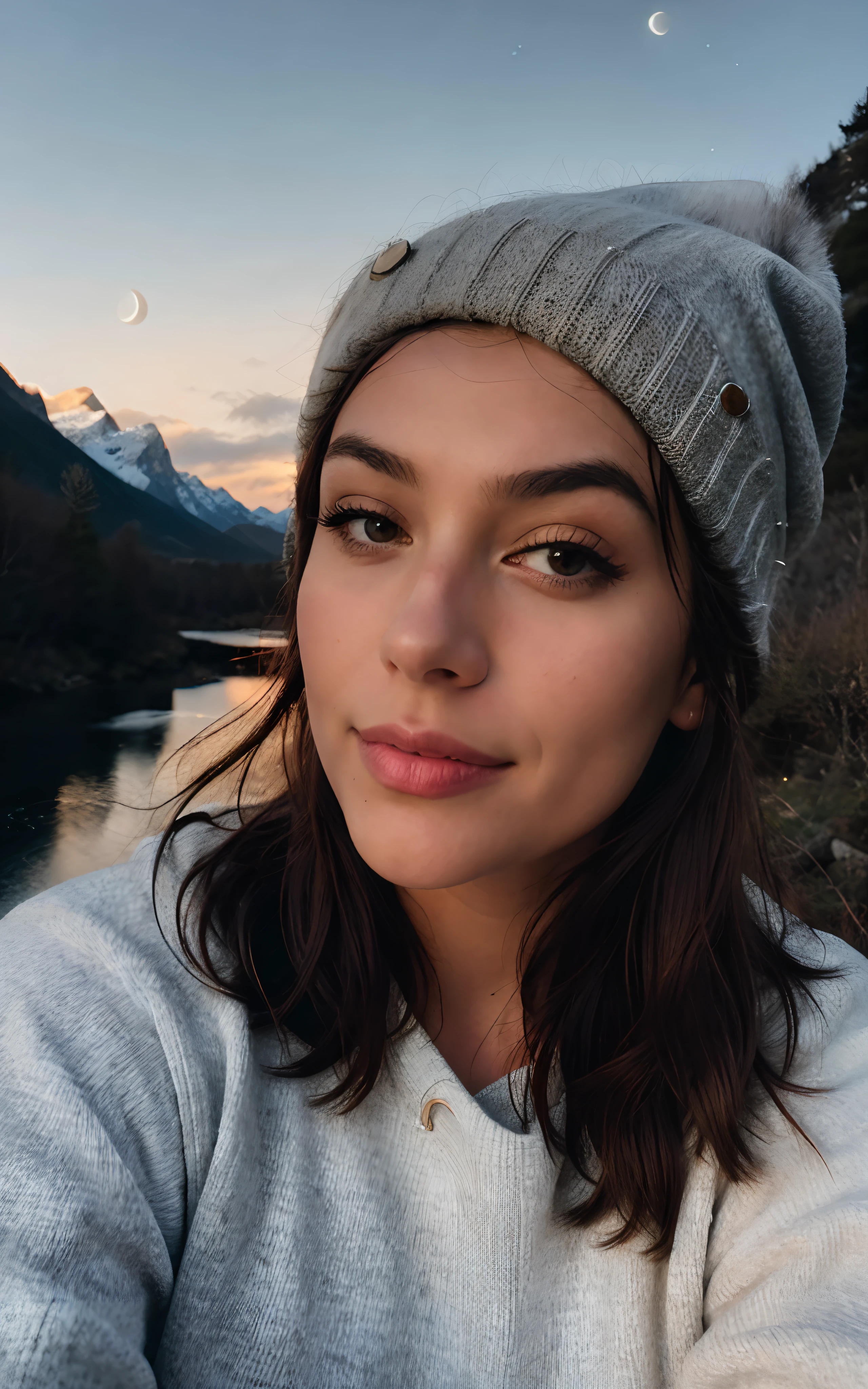photorealistic, best quality, hyper detailed, beautiful woman, selfie photo, upper body, solo, wearing pullover, outdoors, (night), mountains, real life nature, stars, moon, (cheerful, happy), sleeping bag, gloves, sweater, beanie, flashlight, forest, rocks, river, wood, smoke, fog, clear sky, analog style, looking at viewer, skin texture, film grain, close up, ultra high res, best shadow, RAW, instagram LUT