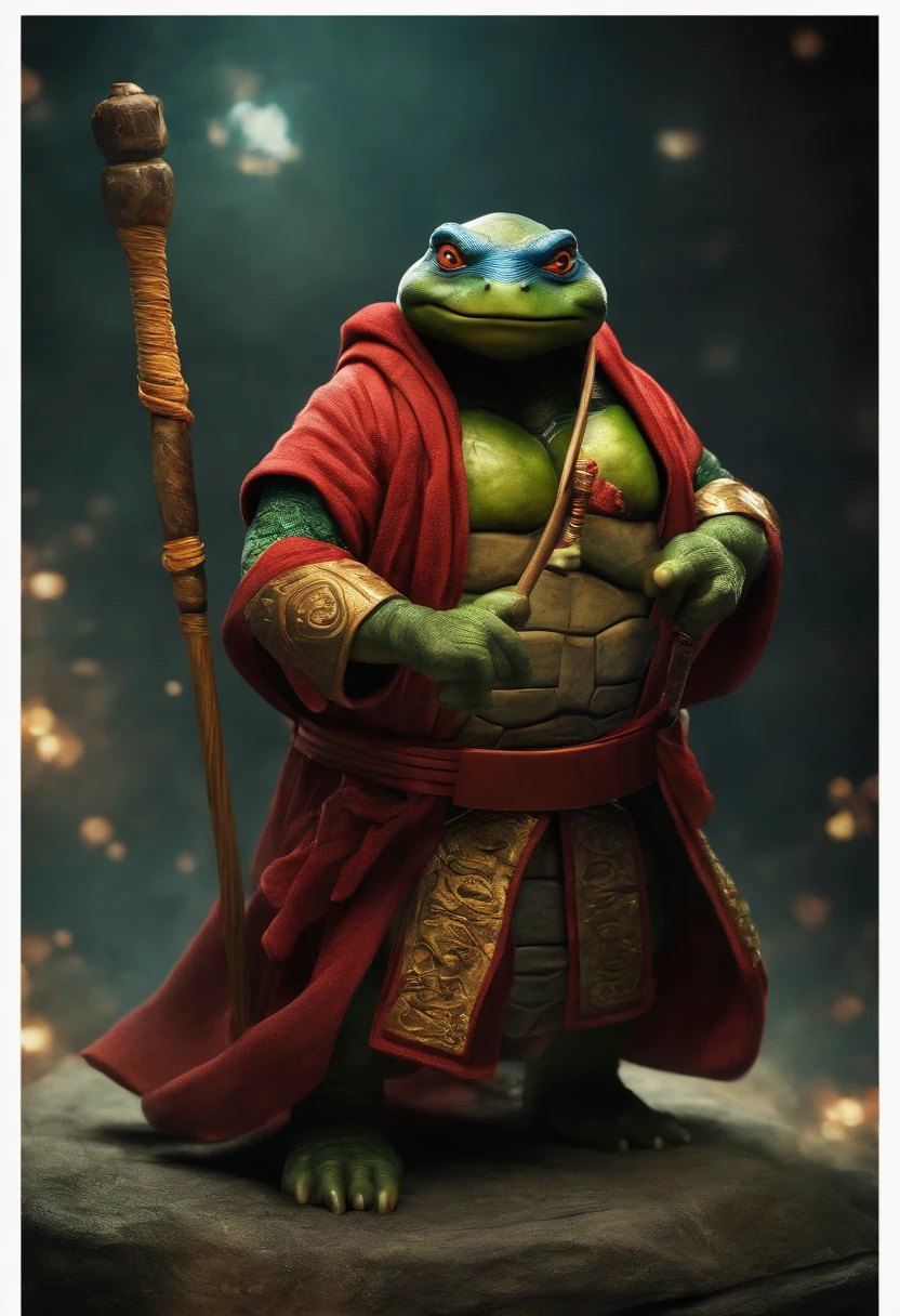 fat teenage mutant ninja turtle wearing Japanese robe with magic staff in hand