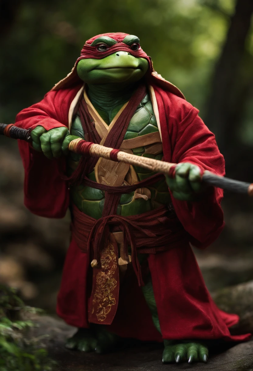 fat teenage mutant ninja turtle wearing Japanese robe with magic staff in hand