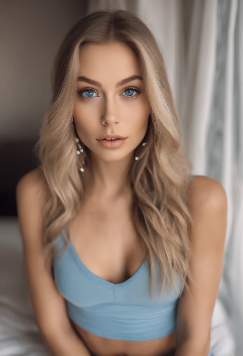 Woman in matching tank top and panties, Sexy girl with blue eyes, Portrait of Sophie Mudd, Portrait of Korina Cope, Blonde hair and big eyes, Selfie of a young woman, One's makeup, Natural makeup, Look directly into the camera, realistic