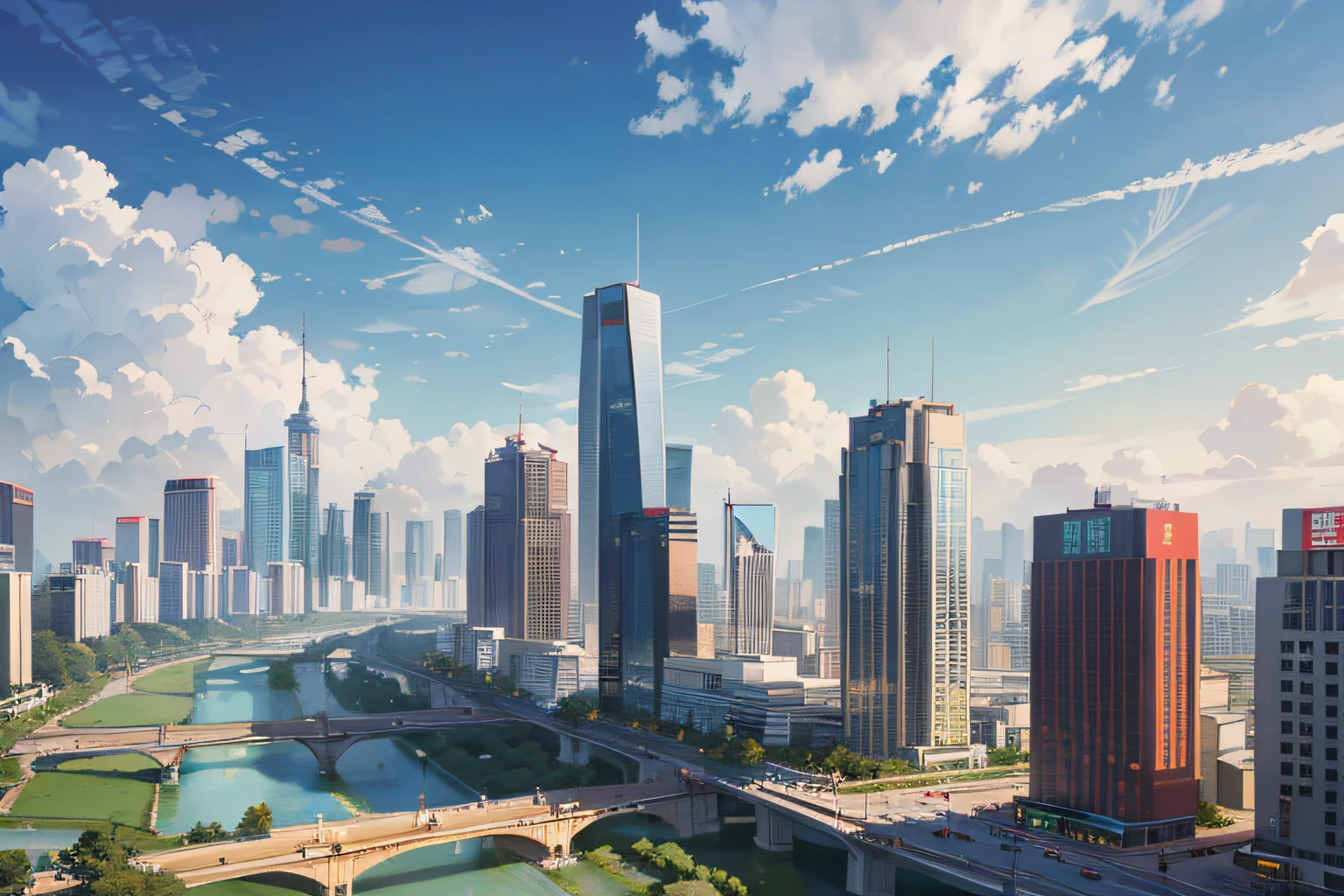 Changsha,Buildings,cbd,modernn architecture,with blue sky and white clouds,Pedestrian density,Aerial viewing angle