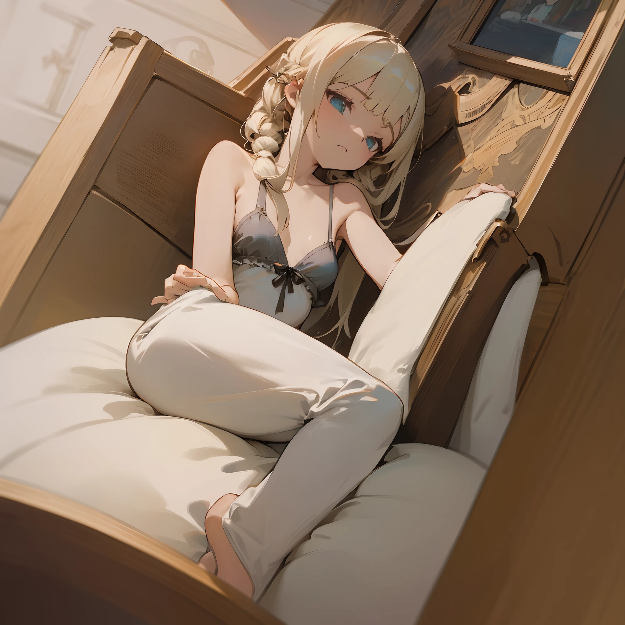 Reines, 1girl, high quality, best quality, illustration, masterpiece, (highly detailed:1.2), (extremely detailed:1.3), small breasts, bare shoulders, young girl, boa fleece loungewear, white pajamas, string ribbon, shortpants, braid, petite, curvy loli, breast outline, in a house
