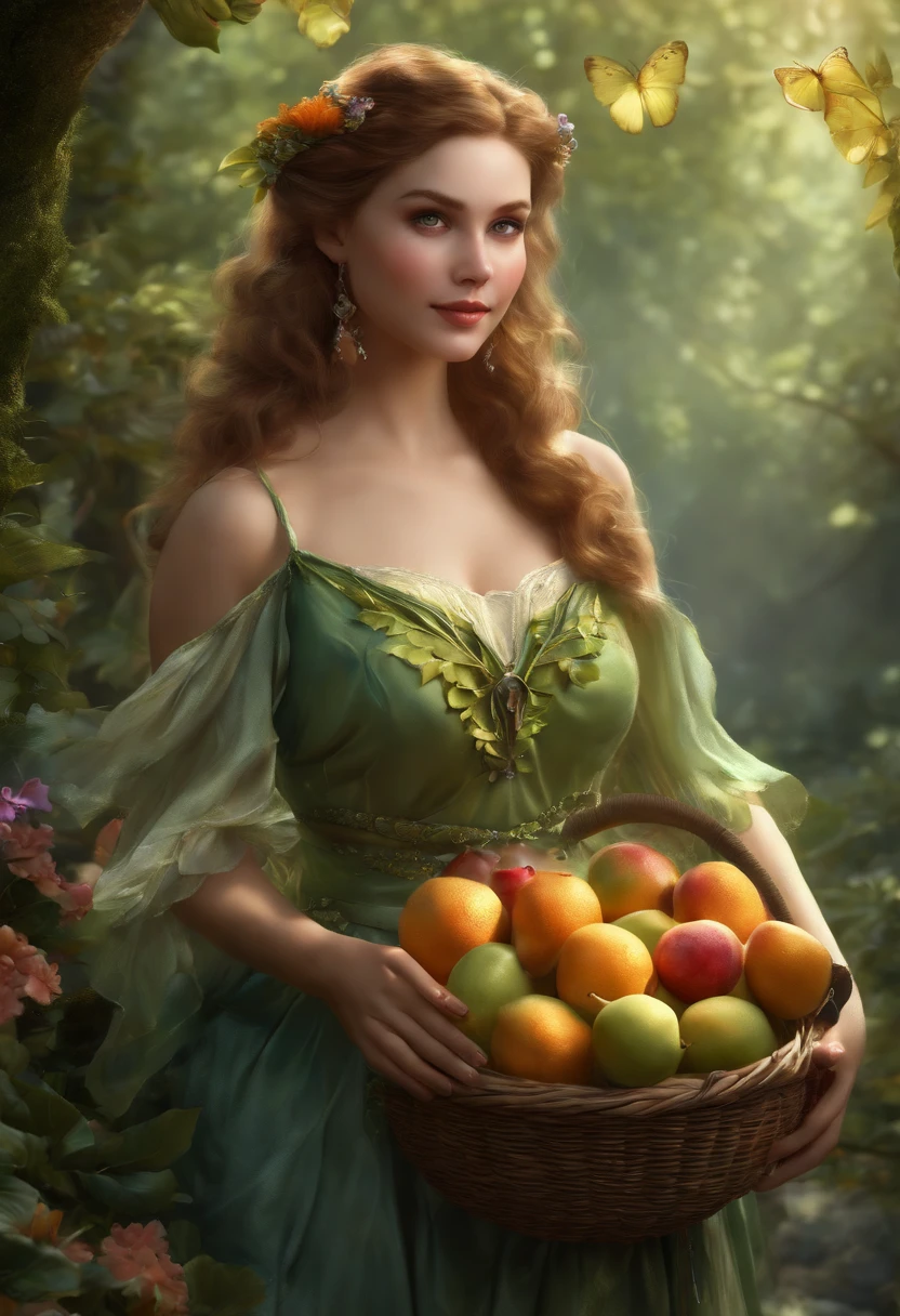 (Best quality,Ultra-detailed,Realstic:1.37), (Realstic, photoreallistic, photo-realistic:1.37), A woman dressed in a fairy costume holding a basket of fruit, 2. 5 d CGI Anime Fantasy Artwork, anime fantasy artwork, Fantastic works of art, HD Fantasy Art, Epic Fantasy Art Style HD, detailed fantasy digital art, digital fantasy art ), detailed digital 2d fantasy art, High quality fantasy art, digital 2d fantasy art, Detailed fantasy art, Fairy CGSOCIETY