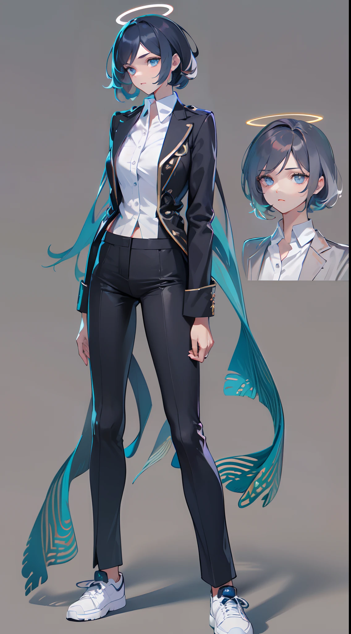 Black pantsuit, Black T-shirt with, melancholy lighting, A tranquil, peacful, luminance, tmasterpiece, best qualityer, (Ultra photo realsisim:1.3), (tmasterpiece:1.4), best qualtiy, ((realisticlying)), high high quality, ultra - detailed, ((Authentic images)), ((Realistic skin)), ((photorealiscic face)), (illustratio:1.05), (Handsome:1.05), (beatiful detailed eyes:1.05), (cinematric light:1.1), Blue in the detachment, perfect whole body,Black and blue clothes,White sneakers,(Beautiful women),(perfect body figure), long whitr hair,Detailed face, Perfect face, (The stands up), Detailed background, ((Bonifasko lighting)), (Detailed eyes), perfect pupils,a dark tanned skin,The halo,Angel wings,Kamimei