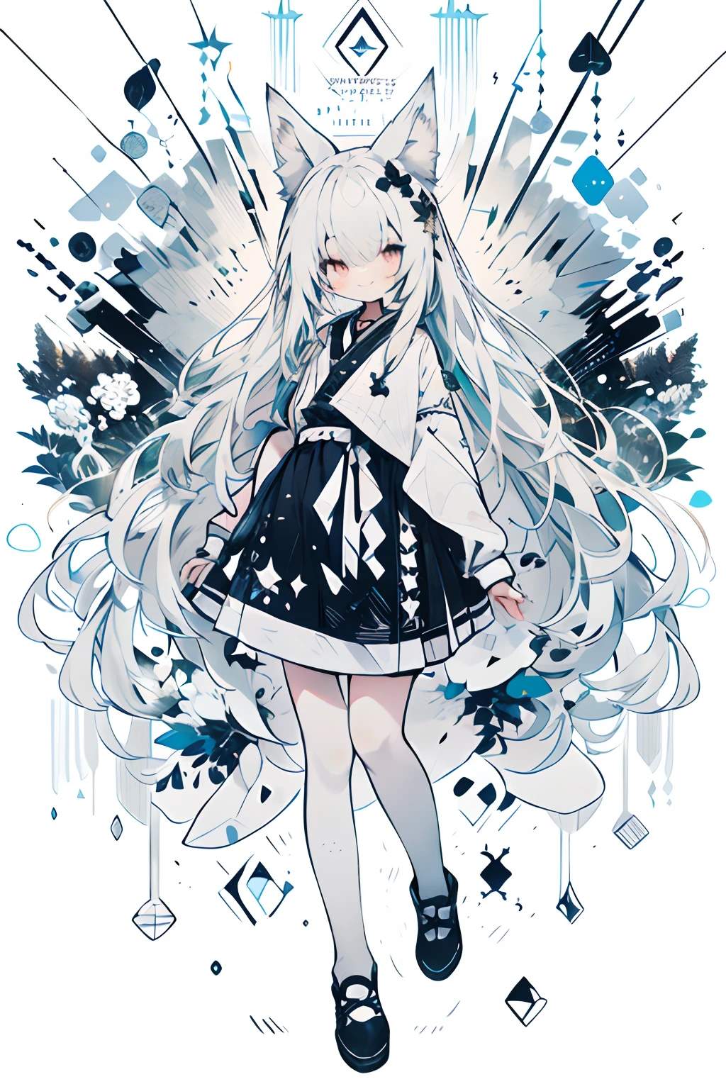 (Background white:1.4),(Nature illustration:1.3,paper art:1.3, Quilted Paper Art:1.2),(Clear lines, High Sharpness,Best Quality, Very detailed, masutepiece, Movie Light Effects, 4K )(Particles of light:1.0)Background with、Yuki、long、kindly smile、White ribbon on clothes、girl with、lightsmile、With the motif of a snow country、White theme、Gentle system、Gentle girl、Thick、Fluffy clothes、Transparent features、full body Esbian、bow ribbon、White Fortune、White Snow Uniform、furr、Fox ears、White fox tail、Cute smile、Detailed picture、high-level image quality