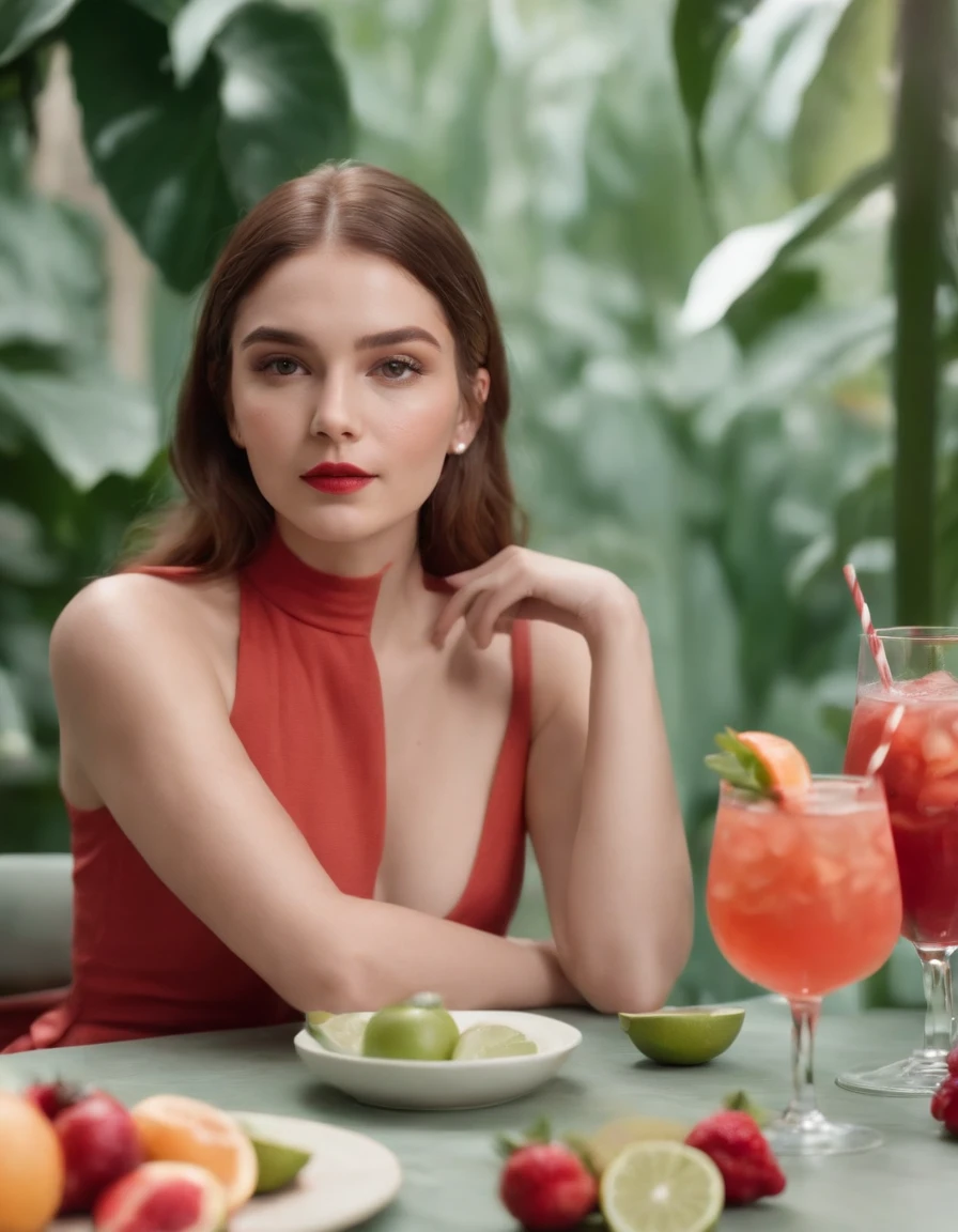 A young woman sits at a table with fruits and cocktails, styled in light red and light emerald colors, humorous image, wimmelbilder, close-up