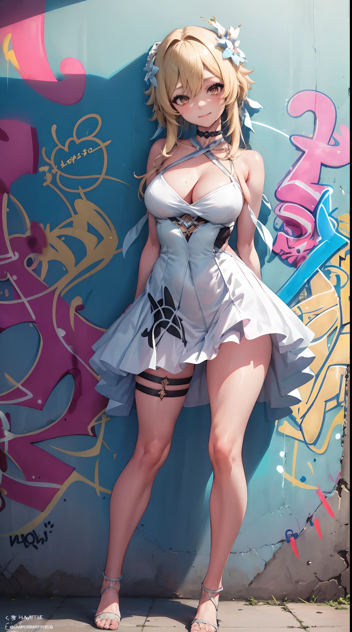 Lumine | genshin impact, master-piece, bestquality, 1girls,25 years old, proportional body, proportional., Wedding Dresses, White Wedding Dress, wedding, mediuml breasts, ,bara, choker, (Graffiti:1.5), Splash with purple lightning pattern., arm behind back, against wall, View viewers from the front., Thigh strap, Head tilt, bored, 10, 10, HD, slight smile,
