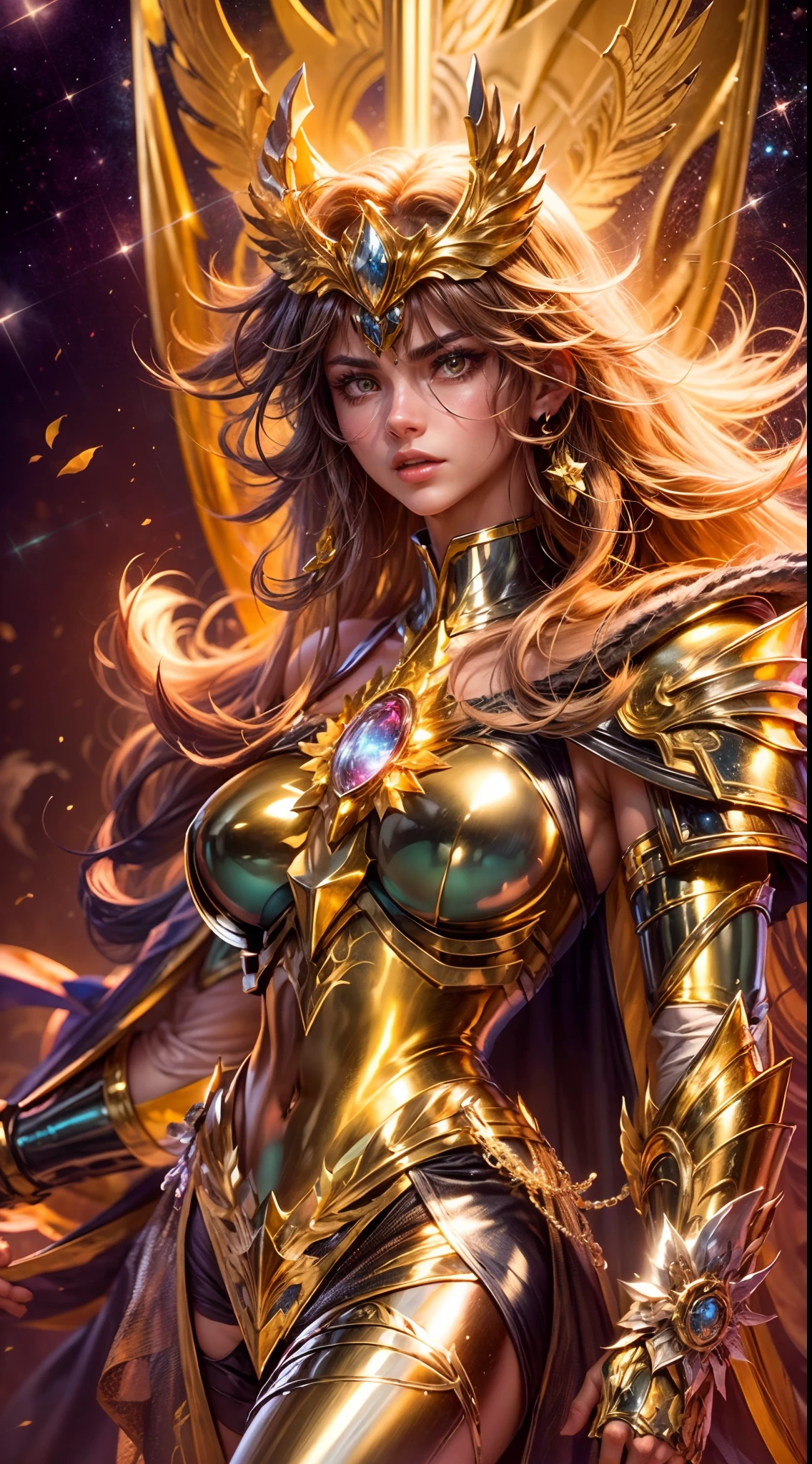 a beautiful female saint seiya, seductive body,In a bright movie light, a highly detailed depiction of Saint Seiya in their iconic Gold Armor stands out. The armor shines brilliantly with a realistic and hyper-realistic level of detail, accentuating every piece and intricacy. The Saint Seiya character stands tall, emanating a sense of power and determination, with their eyes gleaming and their lips delicately carved. The entire scene is set against a clean background, allowing the viewer's attention to be solely focused on the protagonist and their gold armor. The universe serves as the backdrop, with nebulae and stars filling the sky, creating a sense of awe and grandeur. The colors in the scene are bright and vivid, contributing to the overall visual impact. The lighting is expertly executed, highlighting the protagonist and capturing the essence of the original Saint Seiya series. The image is of the highest quality, with a resolution of 8k, ensuring every minute detail is visible. This artwork is trending and showcases the talent of the artist in creating a highly detailed and visually captivating representation of Saint Seiya in their Gold Armor.