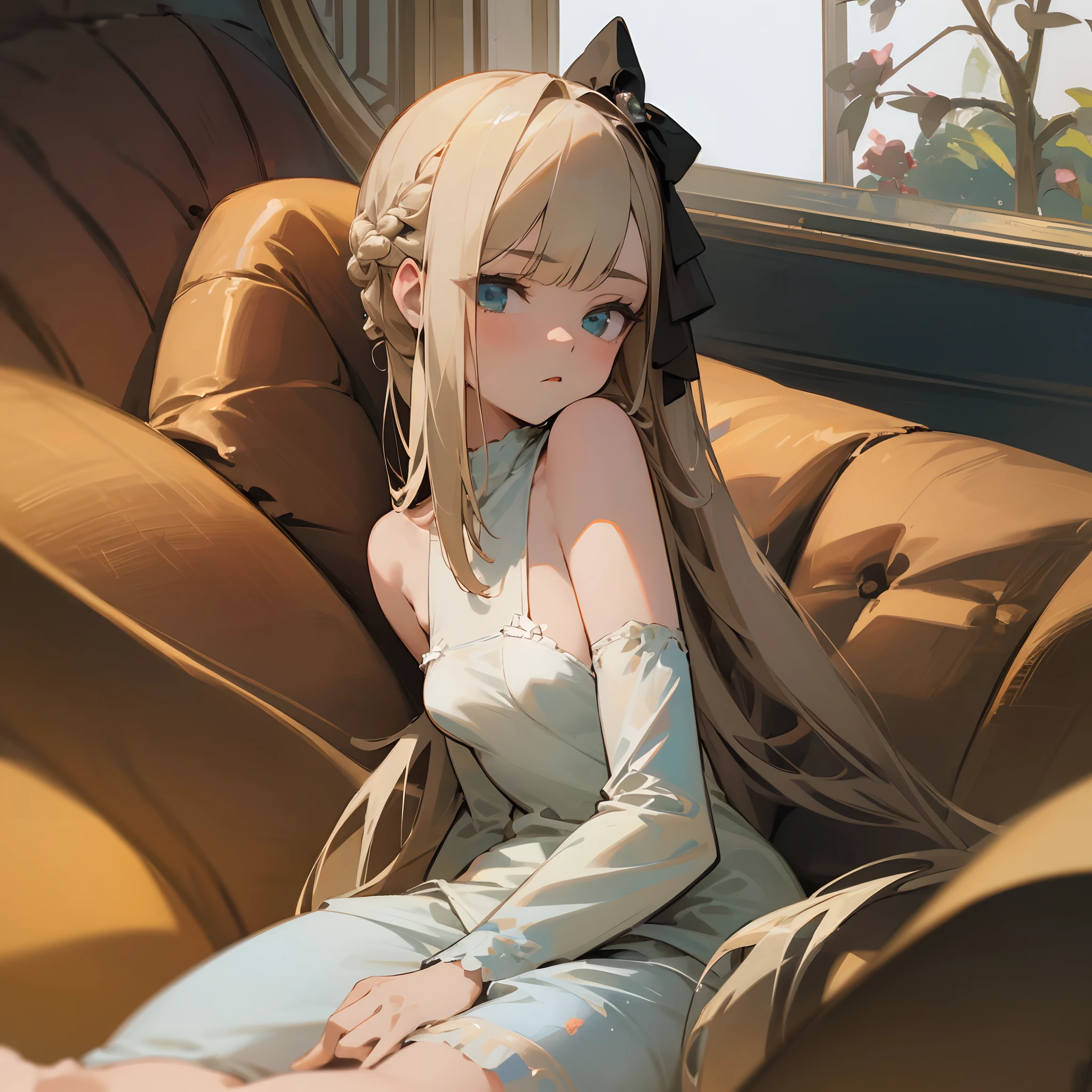Reines, 1girl, high quality, best quality, illustration, masterpiece, (highly detailed:1.2), (extremely detailed:1.3), flat chest, bare shoulders, young girl, boa fleece loungewear, white pajamas, shortpants, braid, petite, curvy , in a house