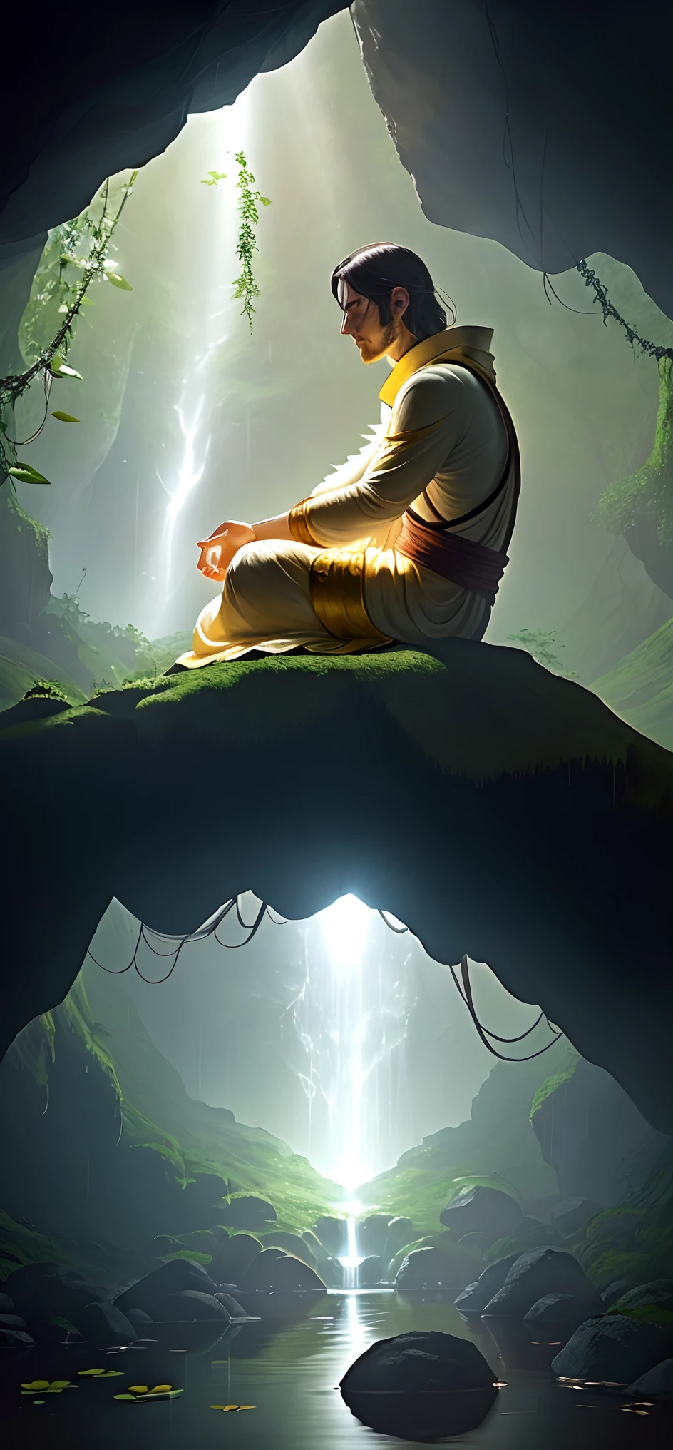 Hyper realistic, ray tracing, 8k, man meditating on a rock in the middle of a creek. He’s sitting quite inside a cave, facing the mouth of the cave. The mouth of the cave has vines flowing around. On top of the man is a small hole in roof of the cave from which golden bright light is falling directly on him. The hole has vines falling from it and is covered in lotuses. The mouth of the cave shows bright golden light in a rainy forest