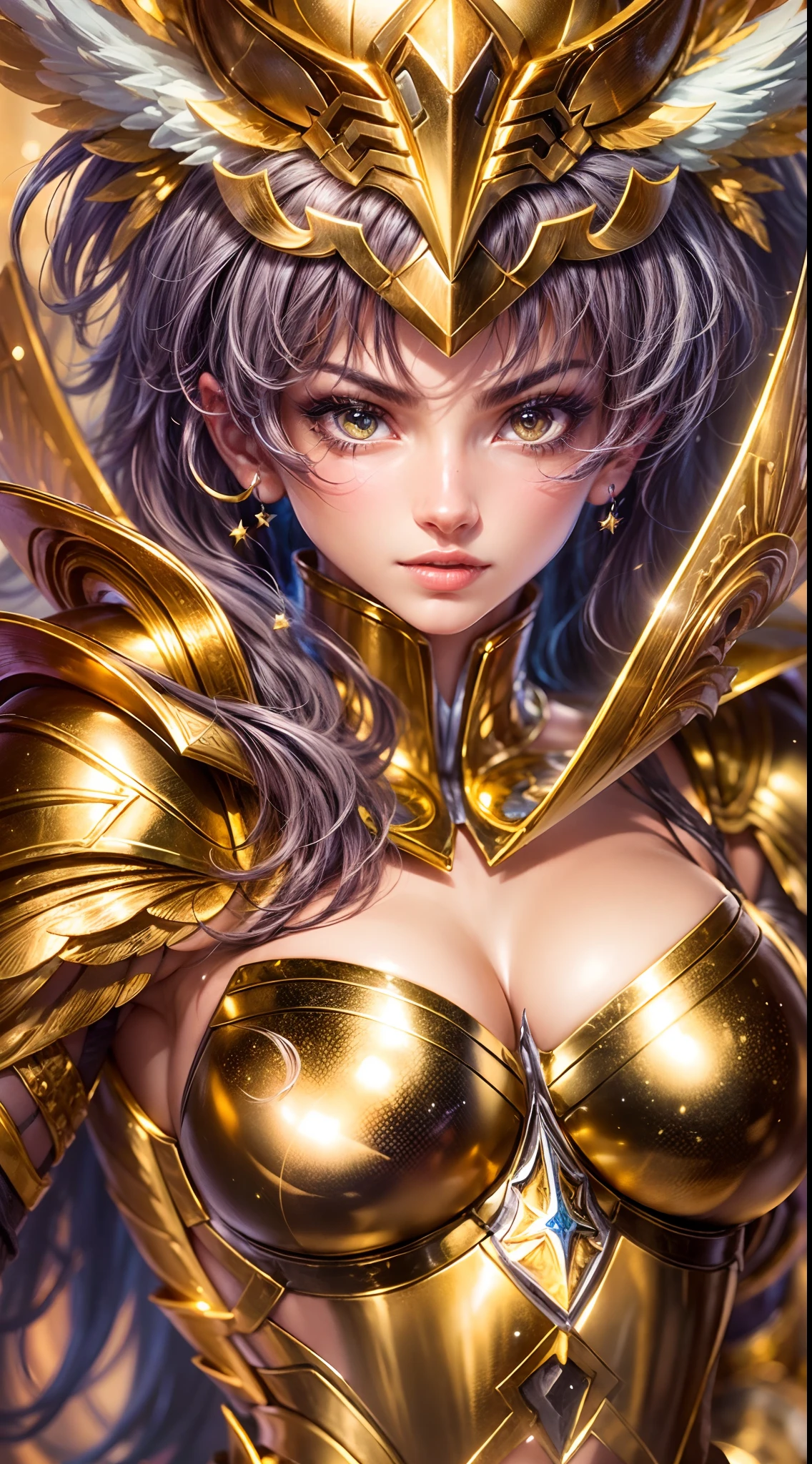 a beautiful female saint seiya, seductive body,In a bright movie light, a highly detailed depiction of Saint Seiya in their iconic Gold Armor stands out. The armor shines brilliantly with a realistic and hyper-realistic level of detail, accentuating every piece and intricacy. The Saint Seiya character stands tall, emanating a sense of power and determination, with their eyes gleaming and their lips delicately carved. The entire scene is set against a clean background, allowing the viewer's attention to be solely focused on the protagonist and their gold armor. The universe serves as the backdrop, with nebulae and stars filling the sky, creating a sense of awe and grandeur. The colors in the scene are bright and vivid, contributing to the overall visual impact. The lighting is expertly executed, highlighting the protagonist and capturing the essence of the original Saint Seiya series. The image is of the highest quality, with a resolution of 8k, ensuring every minute detail is visible. This artwork is trending and showcases the talent of the artist in creating a highly detailed and visually captivating representation of Saint Seiya in their Gold Armor.