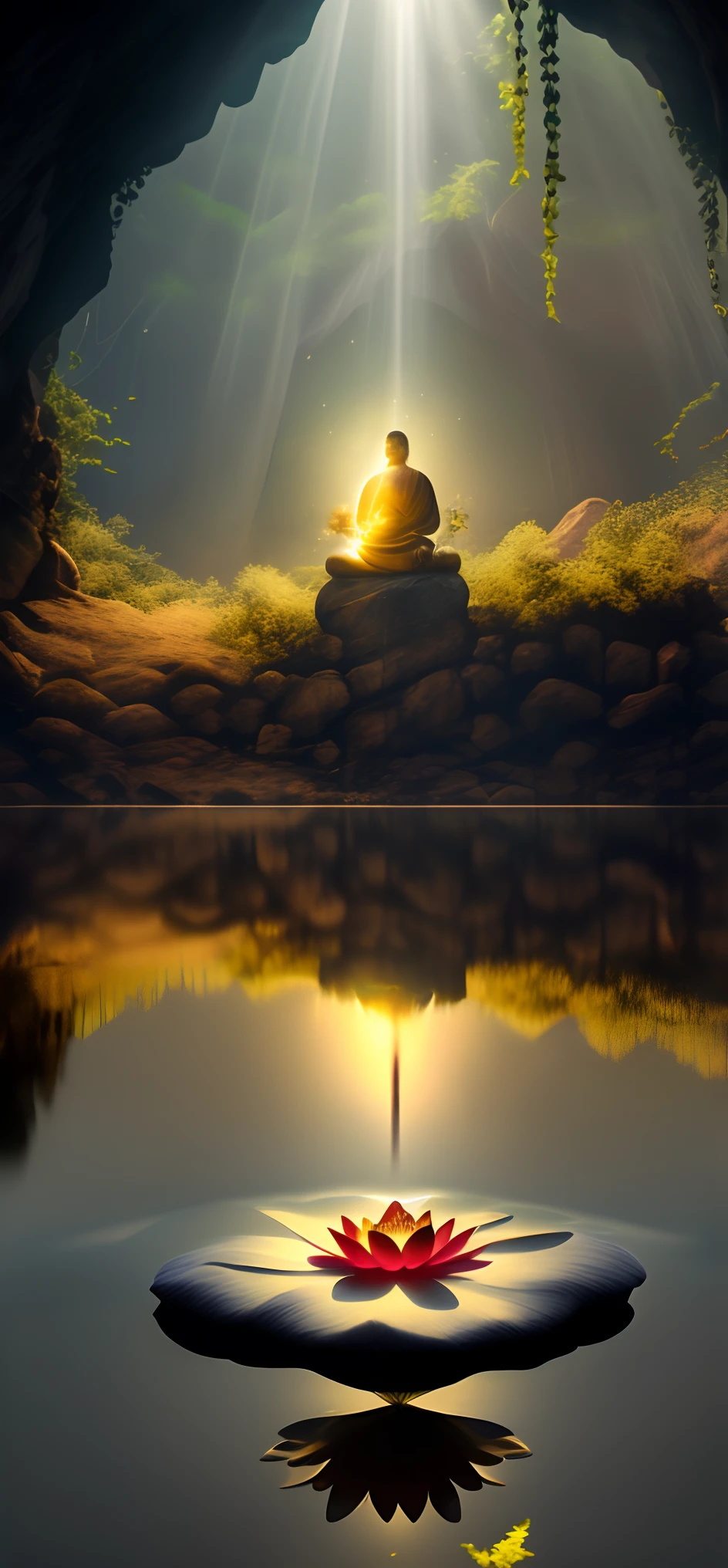 A rock with a lone luminescent lotus. Raytraced ripples going out of the rock