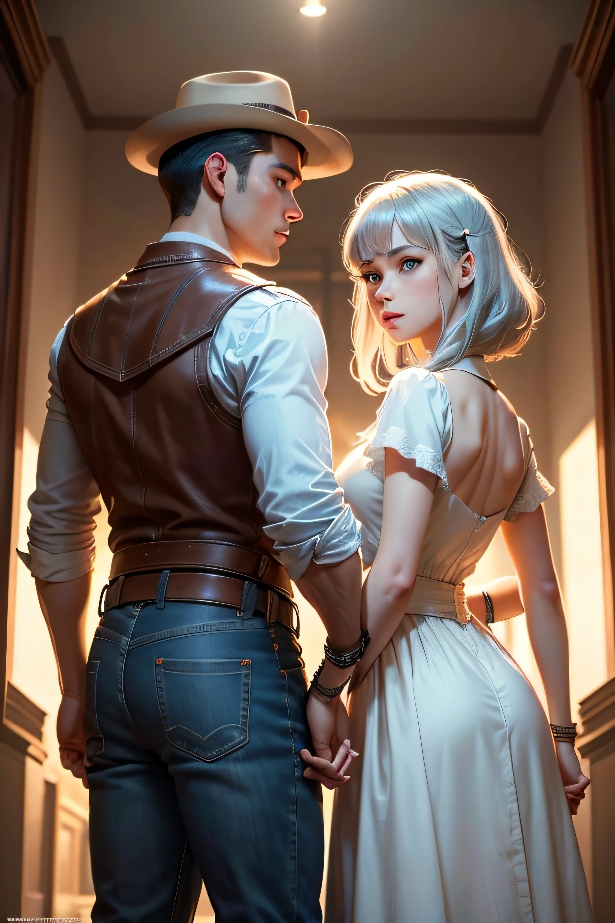 Close-up of poster of two people shaking hands, official fanart, Boy in western denim costume leads girl in white dress,The boy looked at the girl,The girl looked back, Official poster, film promotional image, key art, fantasy movie still, affable , Dusk Double Darts Movie Propaganda Art, 4k post, 4 k post