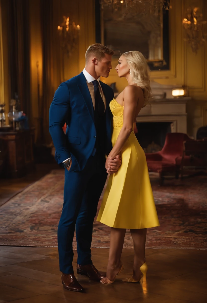 A princess in a long blue dress with blonde hair with a royal tiara and tied up for her boyfriend, a chef with short black hair straight to the side, looking at each other in love