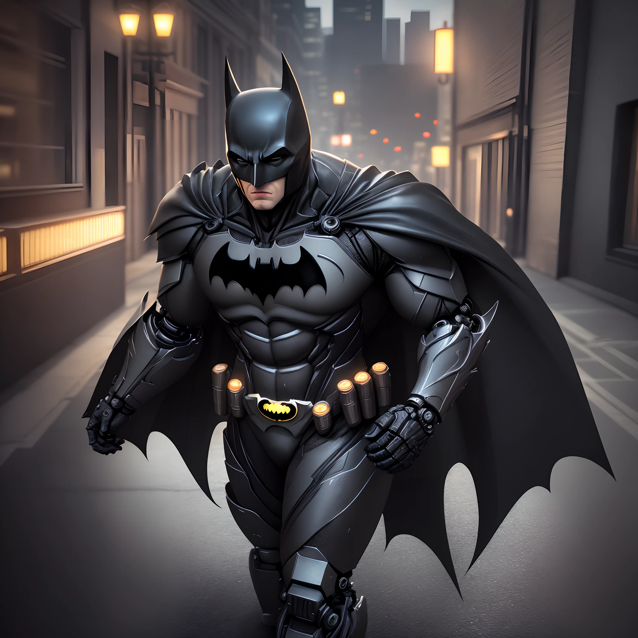 A full body shot of mechanical batman. fine detailed artificial black carbon silicon muscles, intricate fine details artificial muscle texture, intricate fine details of bionic armour. intricate fine details led light. real images. fine dynamic gotham city background. fine dynamic pose. Octane 3d render, unreal engine.