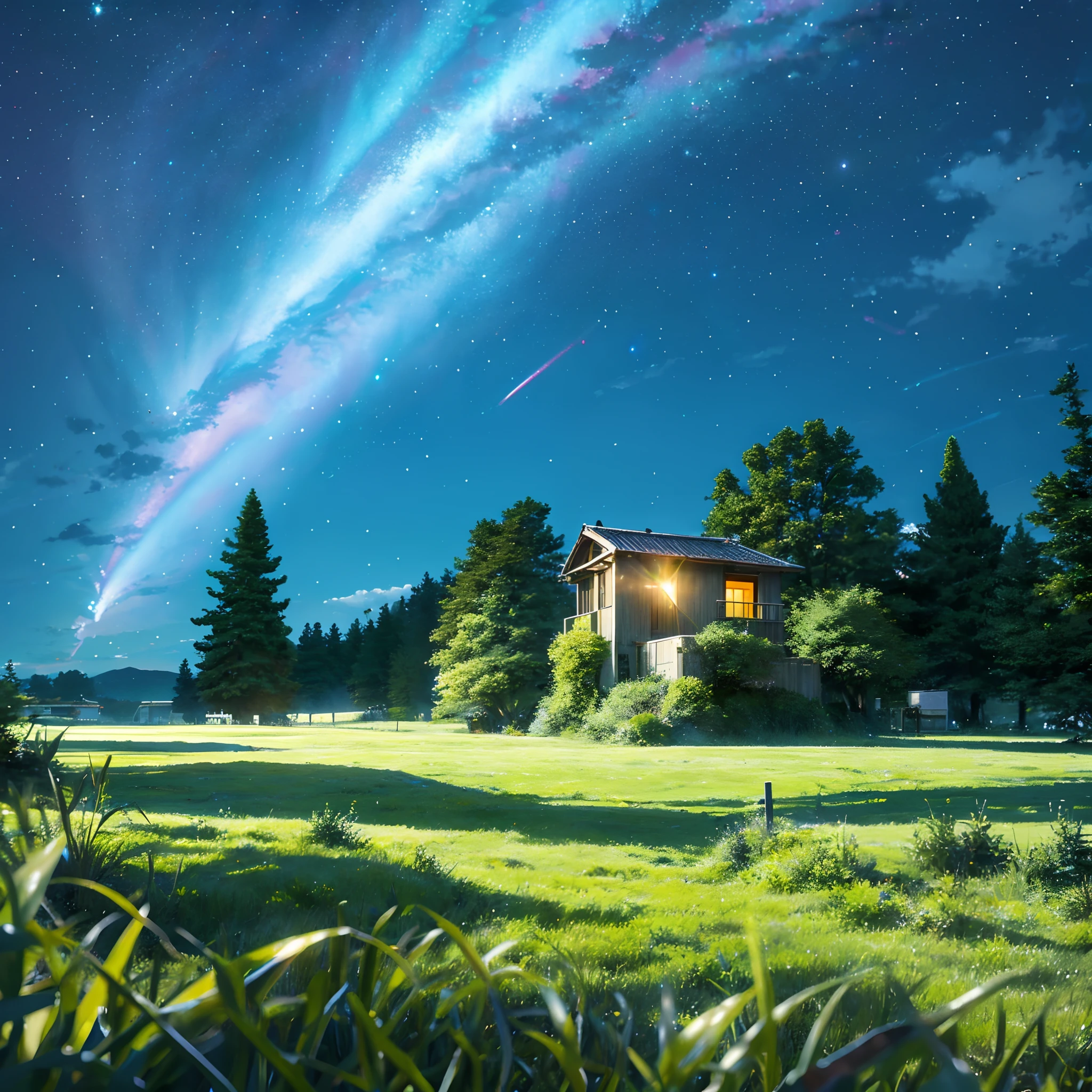 Led by the North Star in the night sky, the surrounding lights are colorful and spread above the vast grassland. In the grassland under the starry sky, it is overgrown with verdant grass.