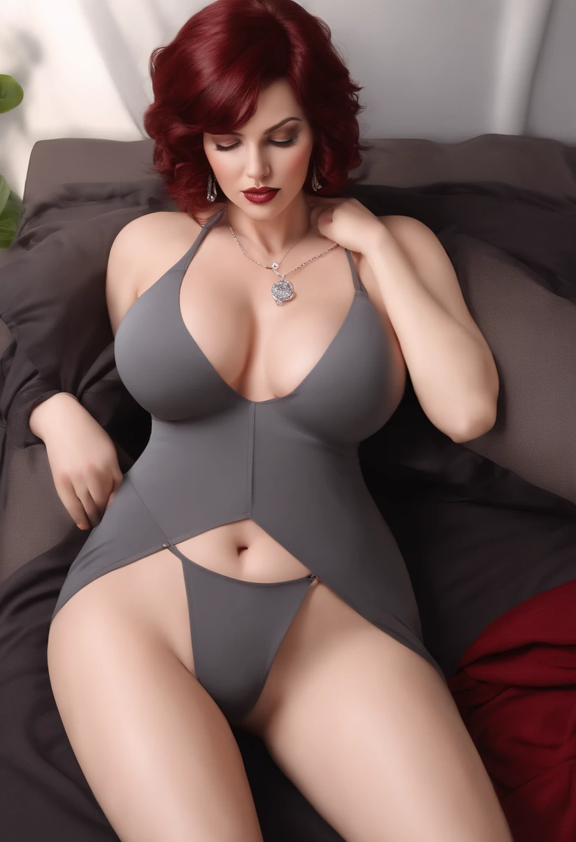 dark red short hair, dark gray nightgown, ring, necklace, gray pantyhose, staring at viewer, laying on bed, mature woman, stroking an erection covered under underwear, realistic, huge tits,, big thighs, chubby