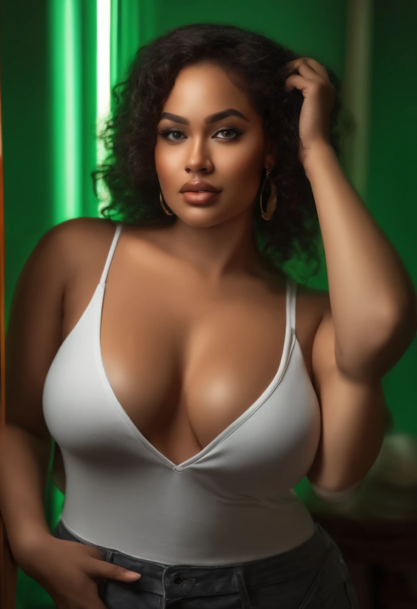 (highres,realistic,photorealistic:1.2), woman,curvy figure,big bust,detailed face and body,reflecting in mirror,selfie pose,vibrant colors,soft lighting,high contrast,grainy texture,lush green background