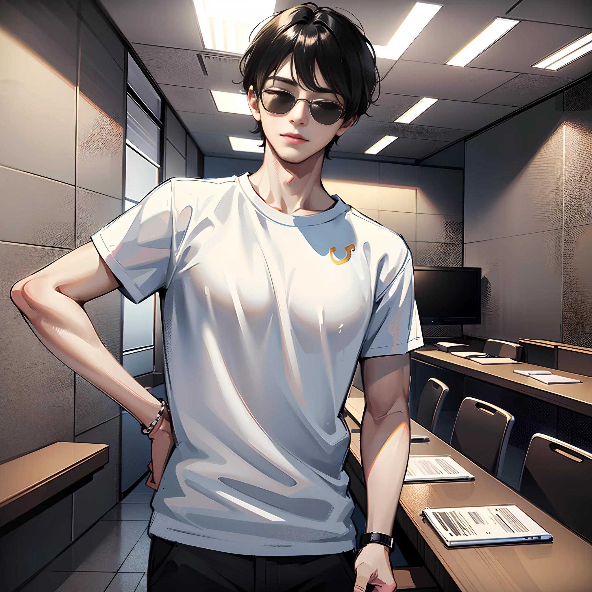 In the conference room, there is a handsome boy standing up, wearing sunglasses, eyes closed, short black hair, white T-shirt with short sleeves, super detailed, 4k, super detailed