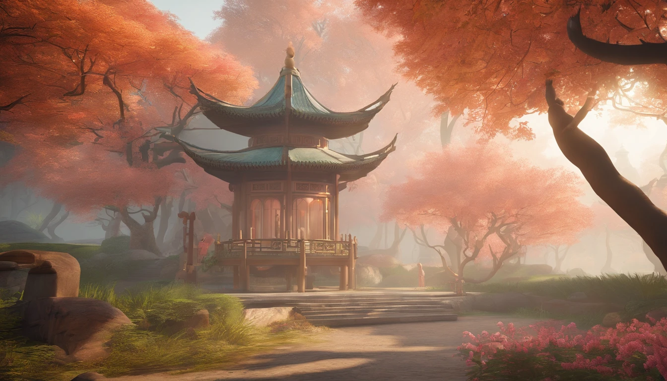 A wonderland of Chinese style, Peach grove in the woods, Shrouded in fog