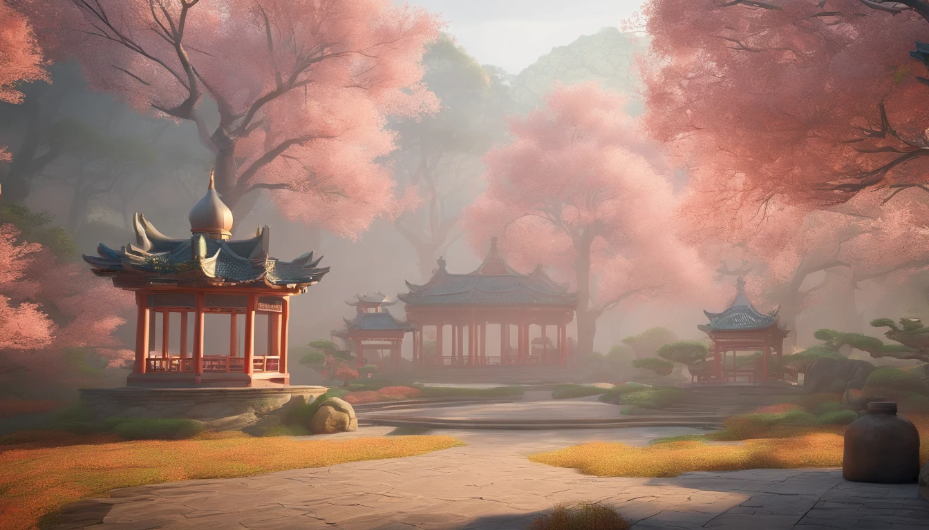 A wonderland of Chinese style, Peach grove in the woods, Shrouded in fog