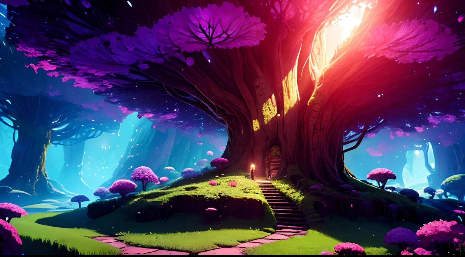 Fantasy meadow, big tree with purple leaves, night, glowing light particles in the leaves,