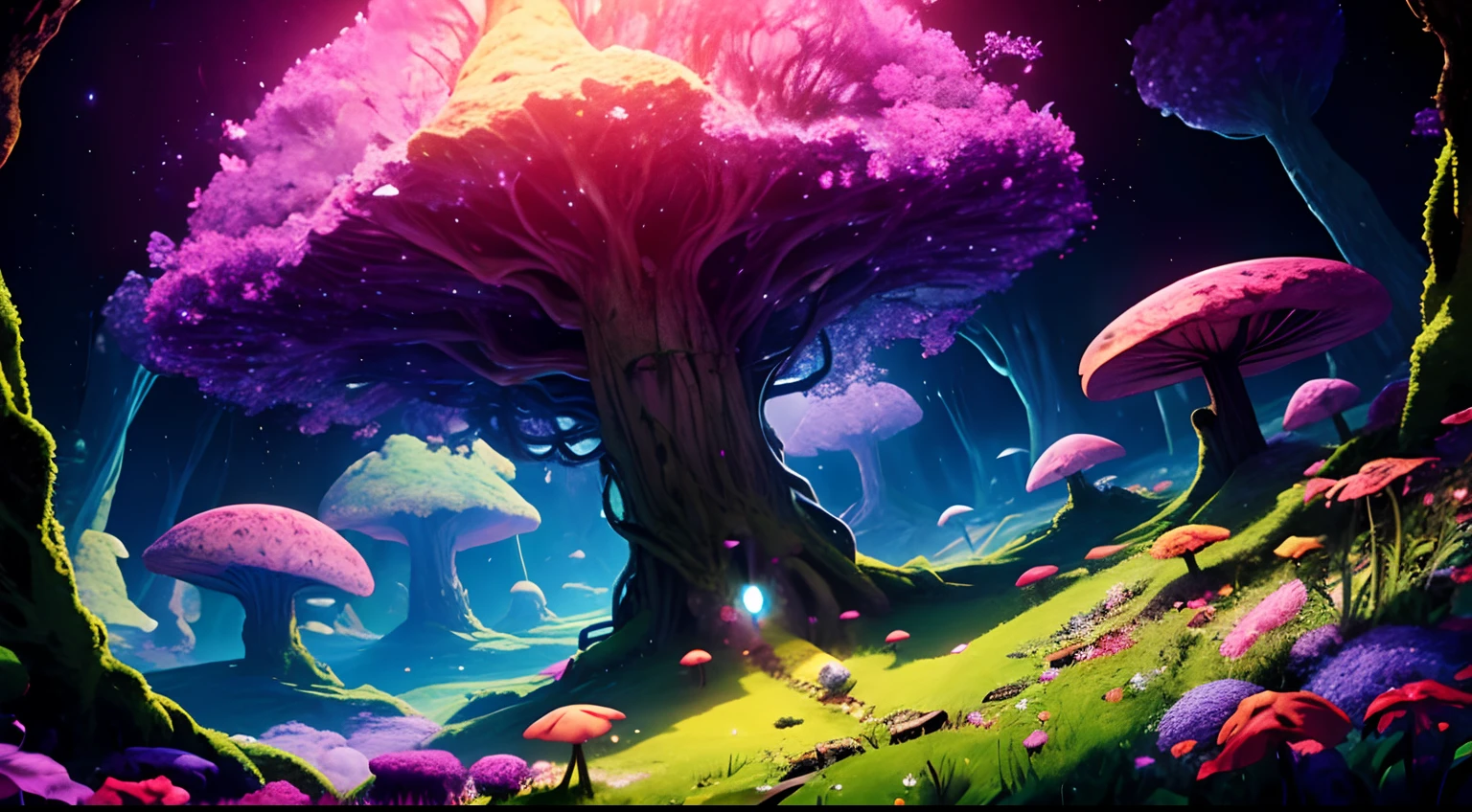Fantasy meadow, big tree with purple leaves, night, glowing light particles in the leaves,