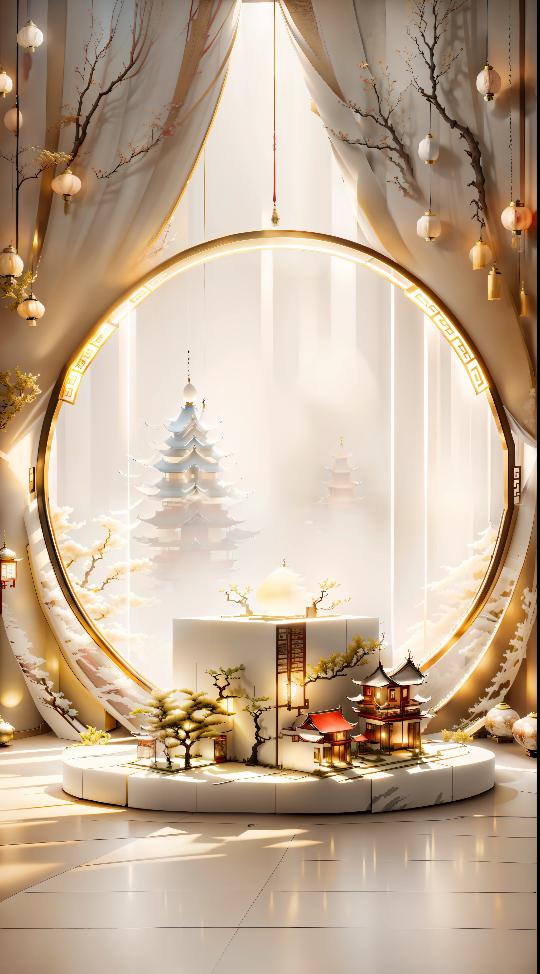 There is a white base,It has a landscape decoration and a Chinese gift box, The silk curtain opens in the middle to form a background, Gifts, Festive atmosphere, festivity, Gifts, Holiday, chinese decorations, gold, Relaxed. Chinese style background, Golden silk, cream - colored room, in style of 3d render, National style background,personal room background,Ray traching,Cinematic lighting effects,Shining Effect