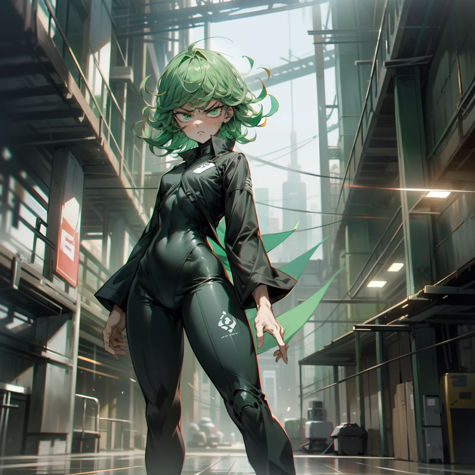 masterpiece, best quality, 1boy, (tatsumaki), short hair, green hair, green eyes, black clothes, standing, aura power, night, natural light,standing, angry eyes, green hair, female focus, big ass, movie composition, deth of field, bokeh, (futuristic), (full body),