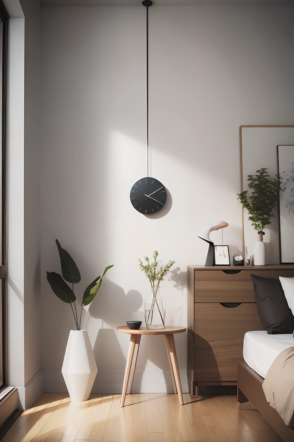 A clock hanging on the wall,Nordic minimalist style,Clocks are multifunctional,There are spotlights to put vases