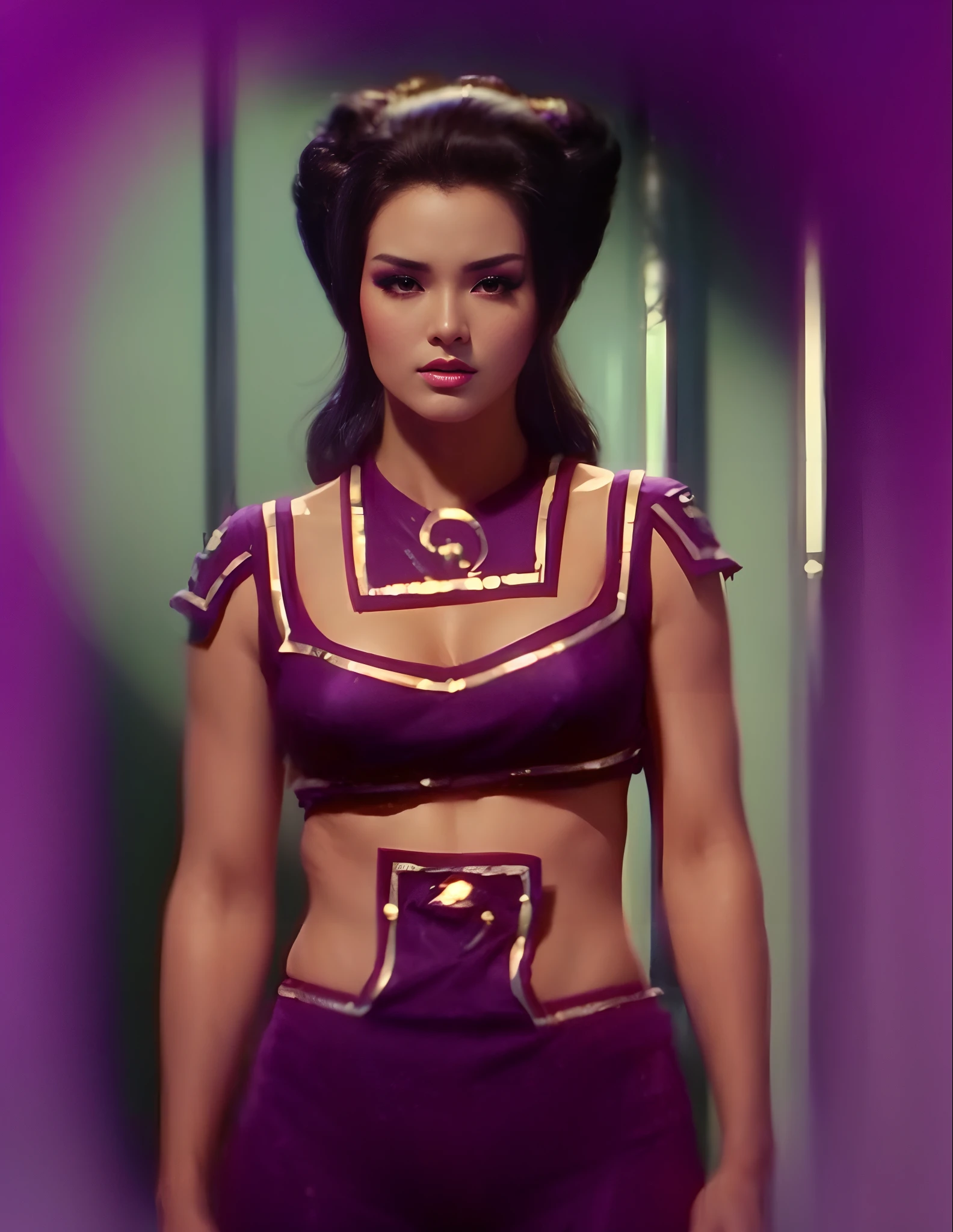 Bodacious seductive young Oriental woman, streaks of purple & neon green eye makeup, elaborately coiffed black hair with large side rolls, wearing space bikini genie harem outfit, 4K, cinematic, hyper-sharp, hyper-realistic, hyper-detailed, symmetrical, "100% anatomically correct", octane render