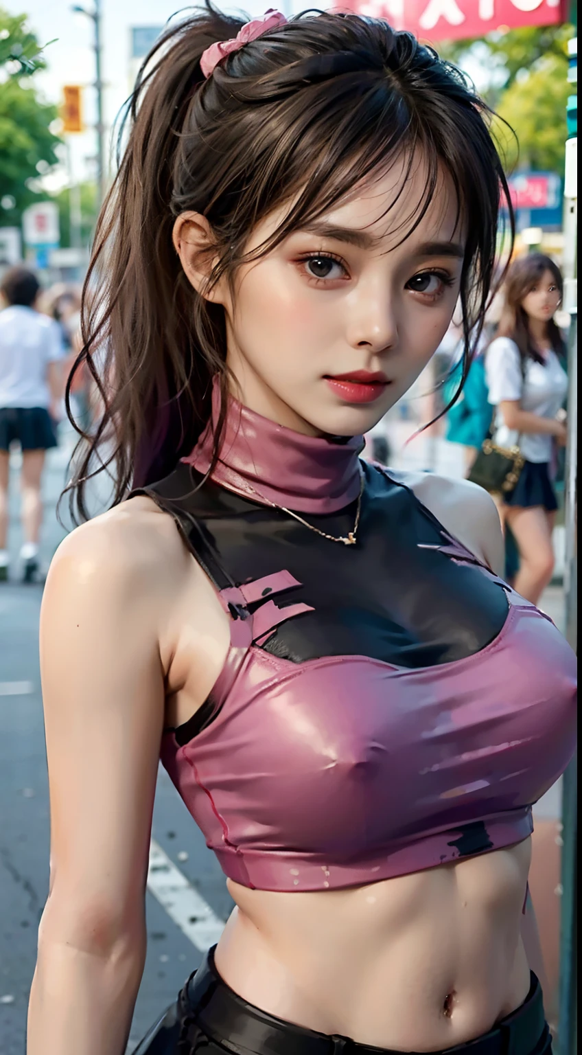 18-year-old schoolgirl, cute schoolgirl, beautiful girl, delicate and beautiful girl, delicate facial features, long-range portrait, 8K picture quality, extreme detail, detail portrayal, messy hair, (cute bangs), ponytail, flowing hair, black hair, slim face, perfect proportioned body, slim body, realism, super high resolution, master work 1, real texture, movie lighting realism, facial features, supple lips, ((pure desire makeup)), pure girl, first love, first love, shyness, Blush, shyness, innocent expression, summer, outdoors, ((street reality)), gaze at the camera, look at the viewer, (turtleneck sleeveless crop top), ((pink), leather wrapping, (huge breasts), sleeveless
