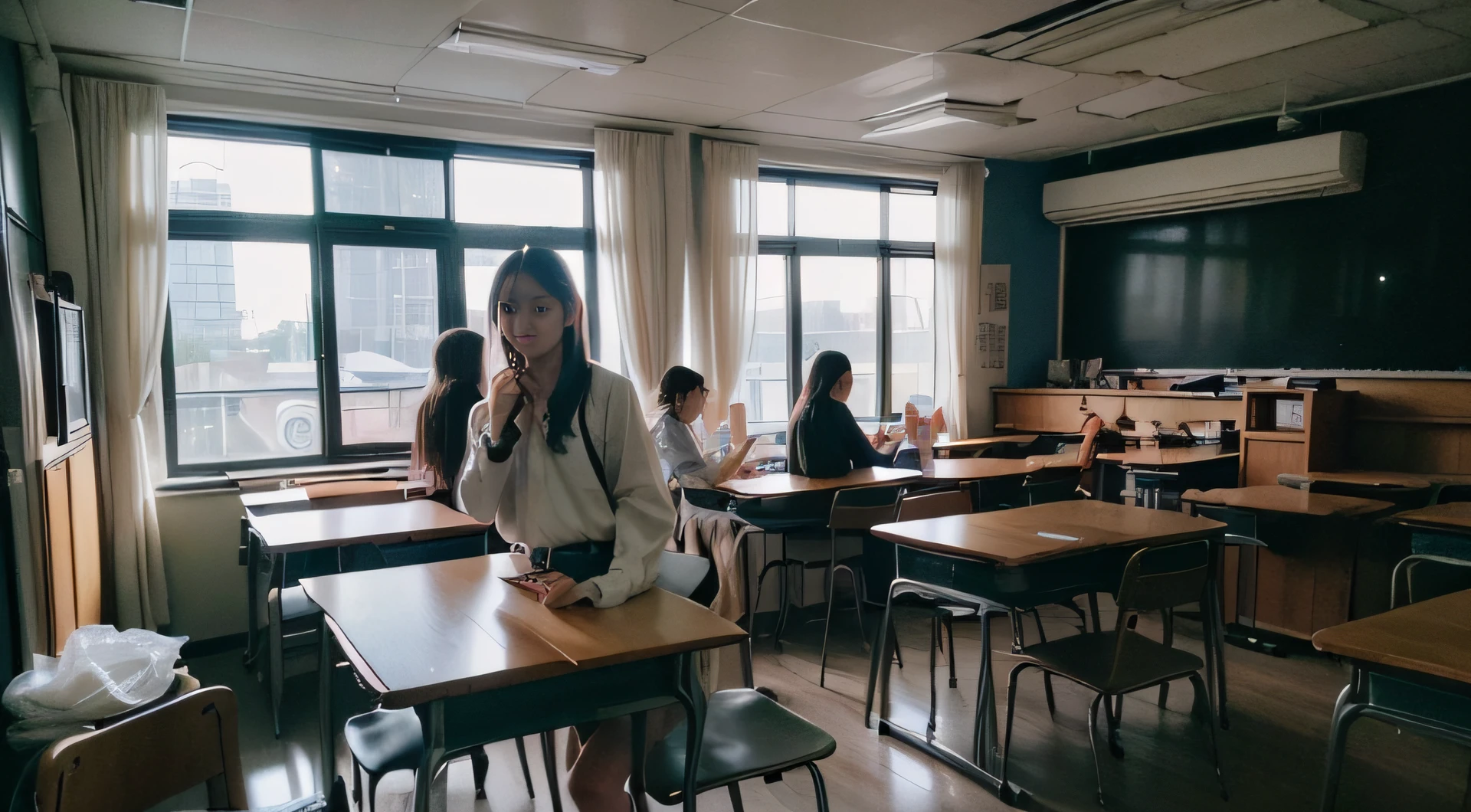a picture、(Photorealsitic:1.4)、(hyper realisitic:1.4)、(Cinematic:1.5)、Woman in her 20s、caucasian female、solo, (beautiful and delicate face)、(High-quality eyes)、hi-school girl、校服、bow ribbon、school classrooms、desk、textbook、 (look out of the window:1.5)