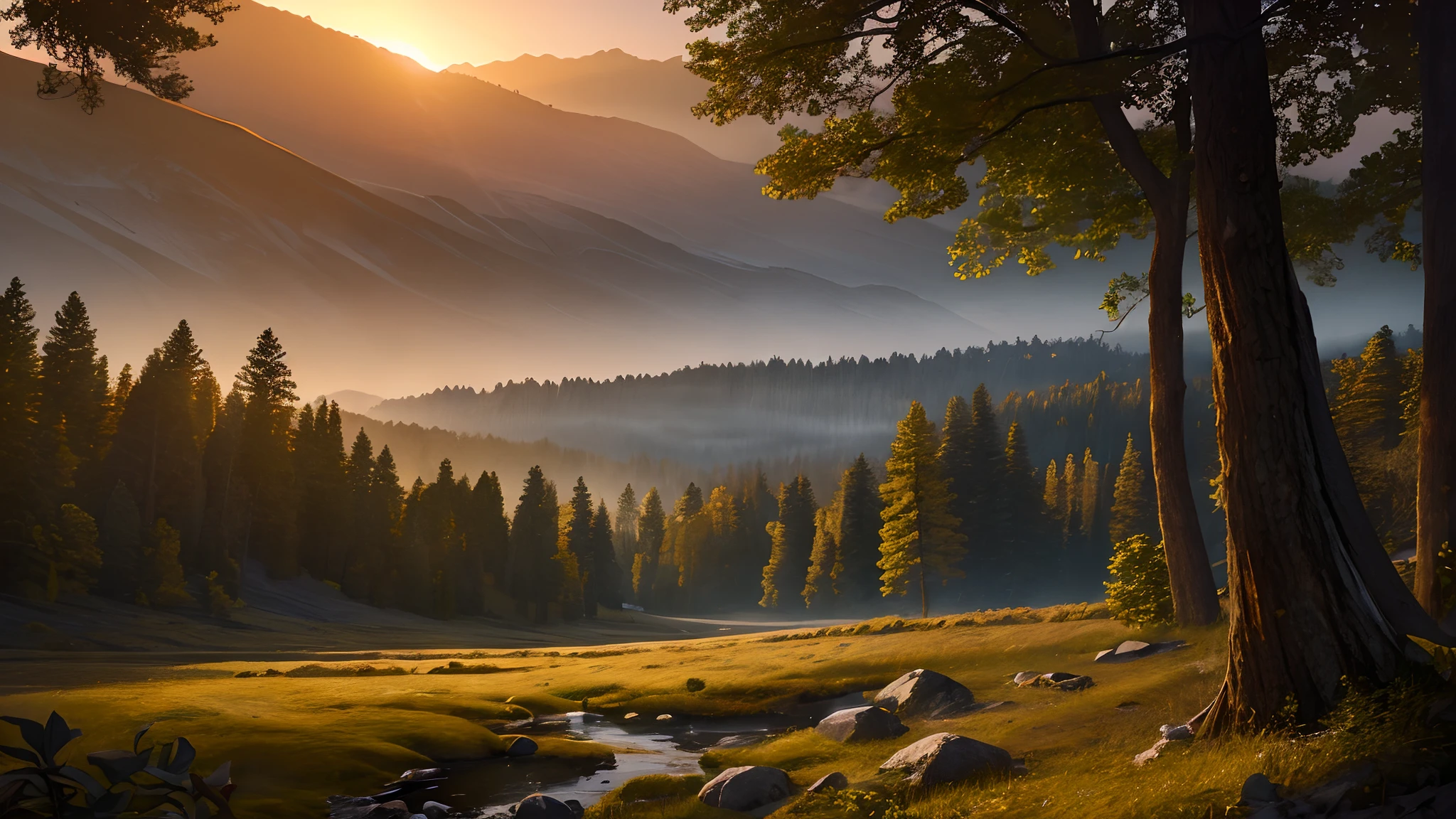 (masterpiece, best quality:1.2), ultra detailed, cinematic lighting, HDR, ilustration, sunrise, forest, impressive, chill, inspirational,
