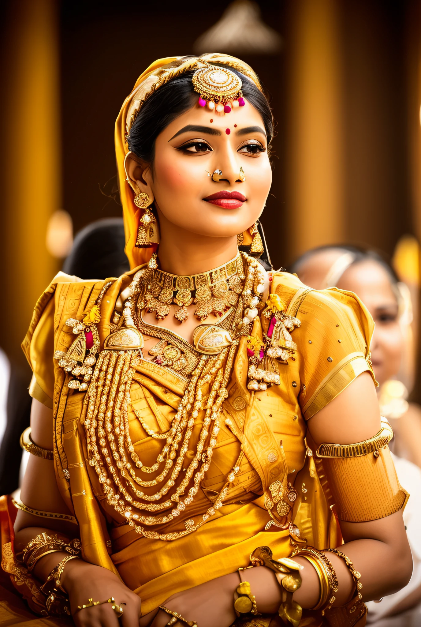8k ultra, araffe woman in a yellow sari with a necklace and earrings, traditional beauty, indian style, traditional female hairstyles, wearing bihu dress mekhela sador, very beautiful enga style, adorned with precious stones, traditional makeup, indian, wearing jewellery, wearing an elegant tribal outfit, traditional, tribal jewelry, traditional clothes, traditional clothing, wearing elegant jewellery