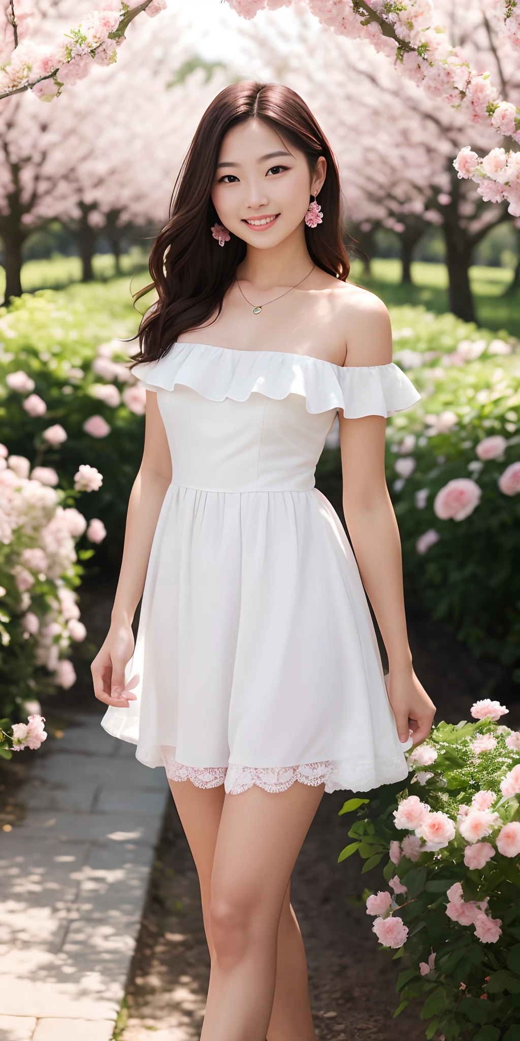 Best quality, masterpiece, ultra high resolution (photorealistic: 1.4), raw photo, 1 girl, white dress, bare shoulders, field of pink flowers in bloom, glowing skin, slight smile