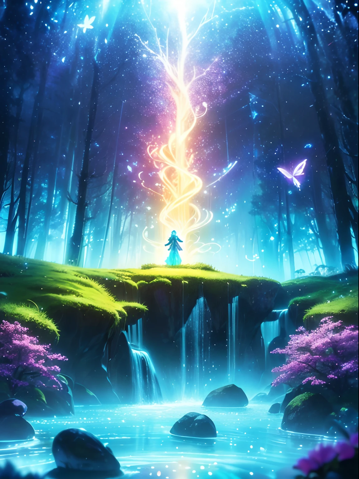Enchanting mysterious forest, Neon butterfly, Pure blue water river spring, Golden mini fairy, Glowing mushrooms release pollen, Extremely beautiful scenery, (Ultra-realistic), {Extremely detailed 8k CG unit wallpaper}, Expansive landscape photography, (Prioritize a low view of the entire scene, (Broaden your horizons), (low  angle shot), (high light: 1.5), (Low light: 1.0), (Warm light source: 1.0), Complex details, (Iridescent colors: 1.5), (Bright lighting), (Atmospheric lighting), Nature, magical, landscape