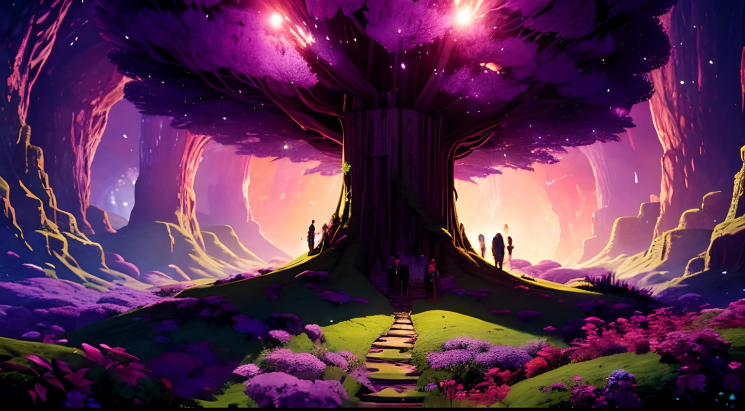 Fantasy meadow, big tree with purple leaves, night, glowing light particles in the leaves,