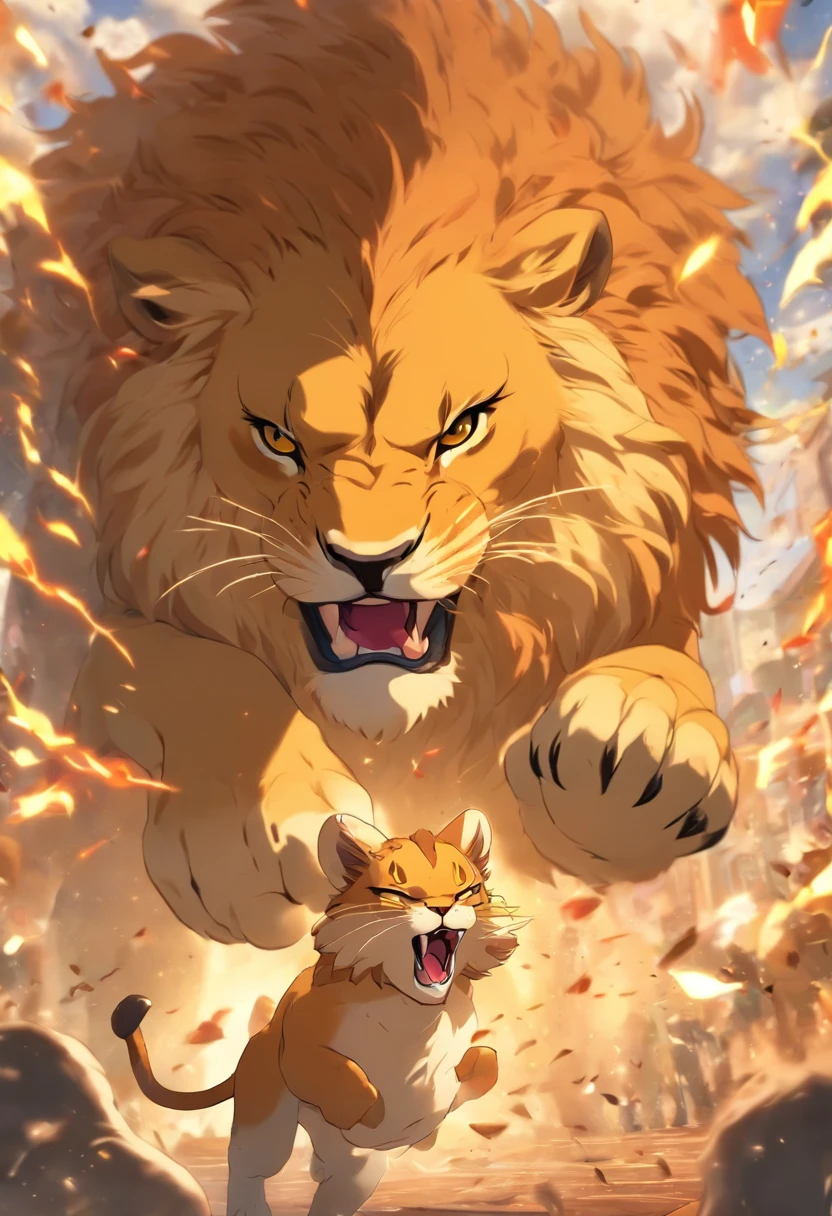 Cat Fighting Lion，biologically correct