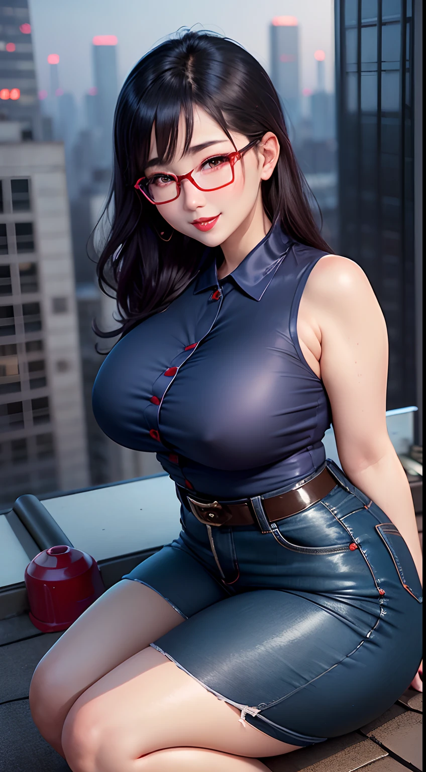 Japanese ido ((A MILF)) A dark-haired ((eye glass)) bright red lips Navy blue button shirt Blue Denim Pants bbw sexy smiling Flushed cheeks ((The rooftop of a high-rise building with a beautiful night view)) Portrait Looking at the camera ((Dressing)) Sultry and sweaty shiny face Sitting barefoot Glossy lips Duck mouth Ai Shinozaki